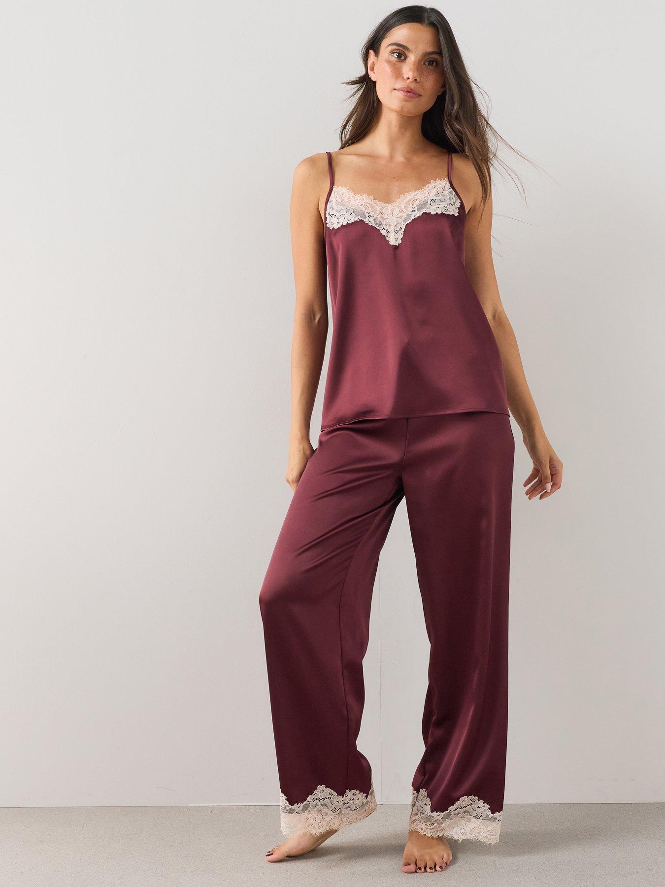 Image 1 of 6 of The Very Collection Satin Lace Cami Pyjama Set - Burgundy