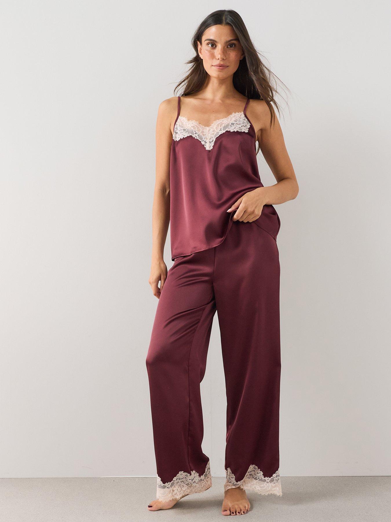Image 3 of 6 of The Very Collection Satin Lace Cami Pyjama Set - Burgundy