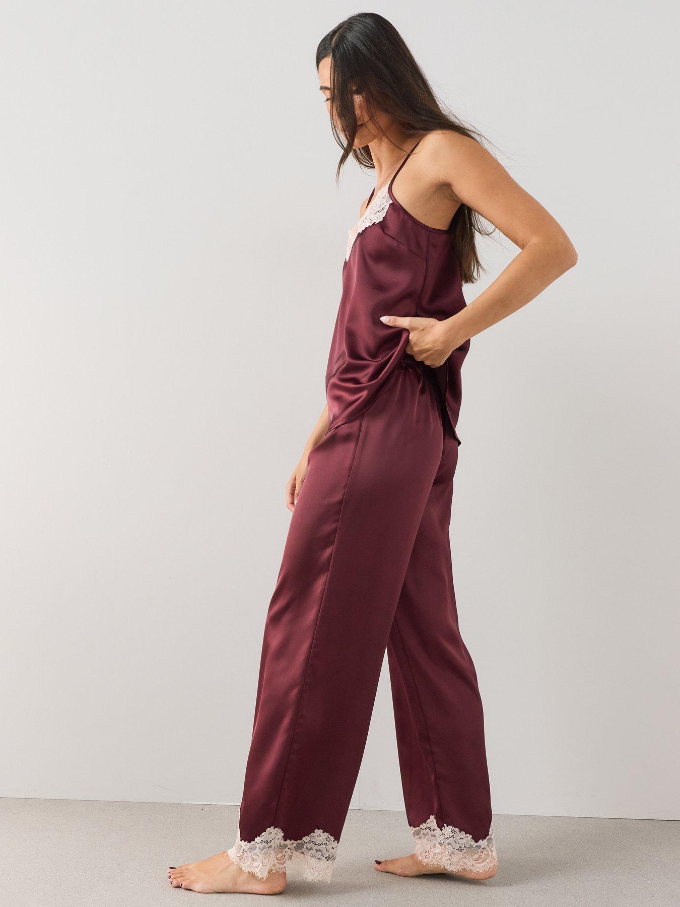 Image 5 of 6 of The Very Collection Satin Lace Cami Pyjama Set - Burgundy
