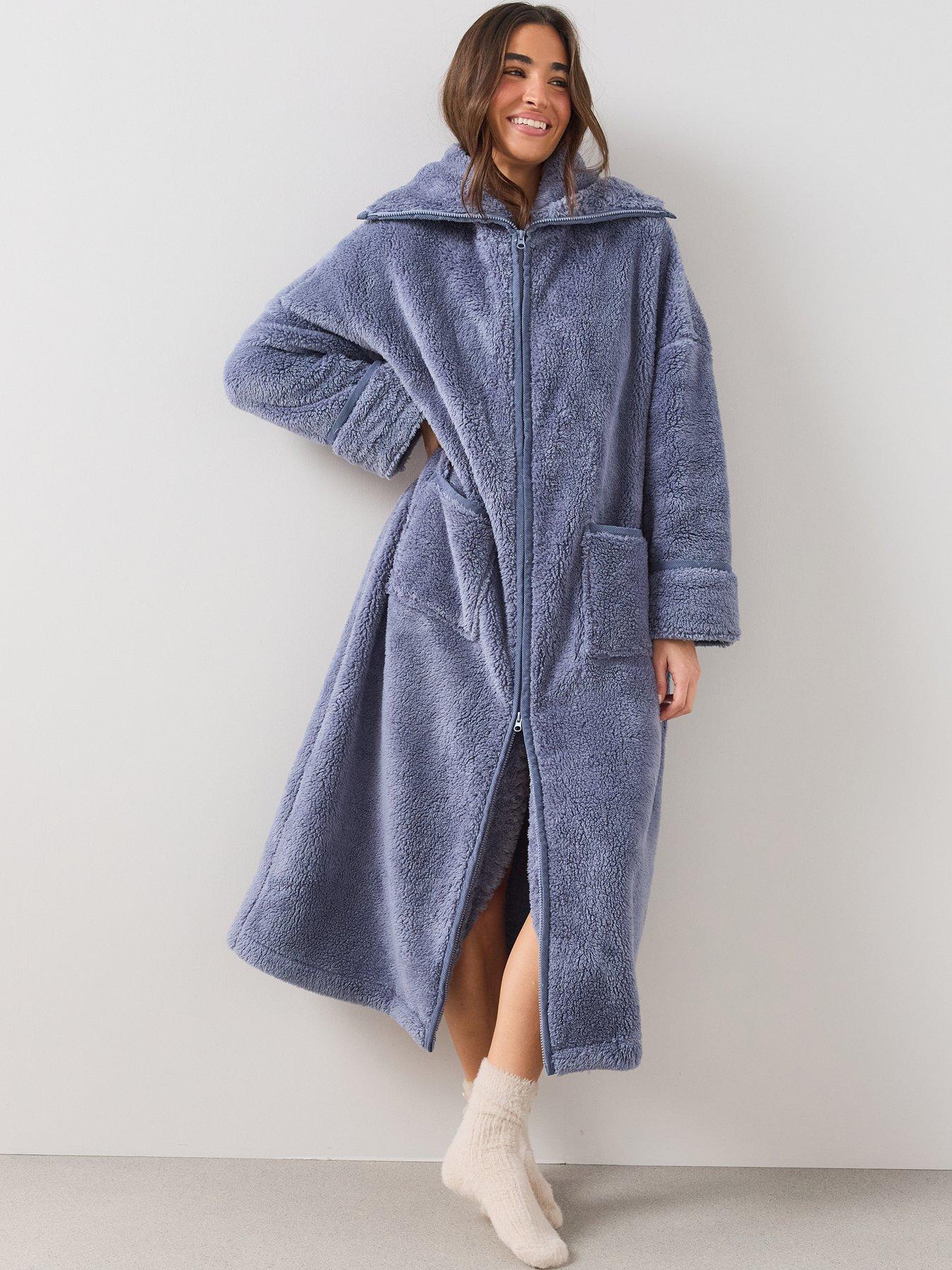 Image 1 of 6 of The Very Collection Womens Longline Zip Through Borg Dressing Gown - Blue