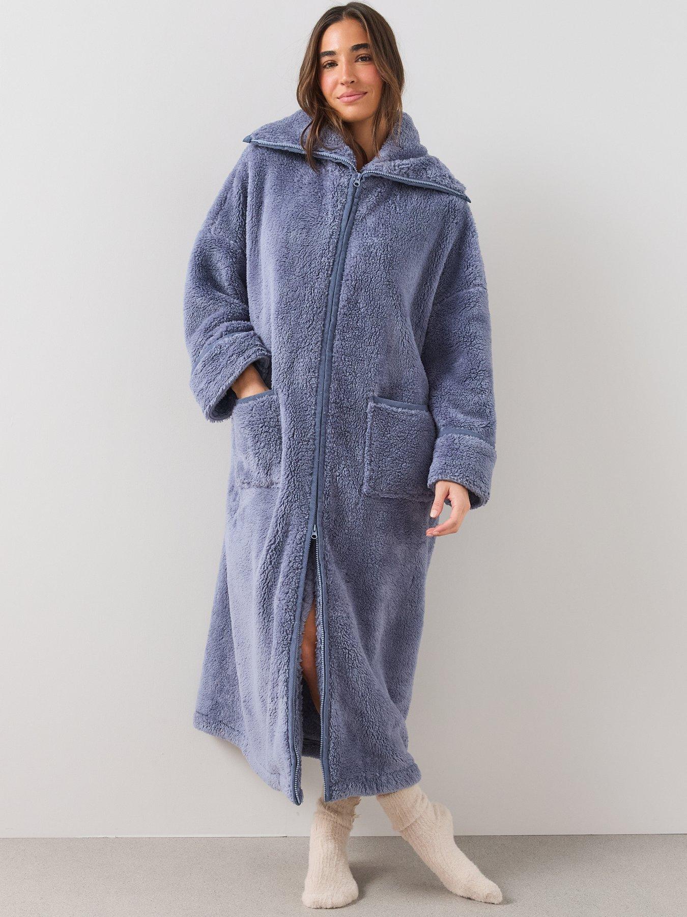 Image 3 of 6 of The Very Collection Womens Longline Zip Through Borg Dressing Gown - Blue