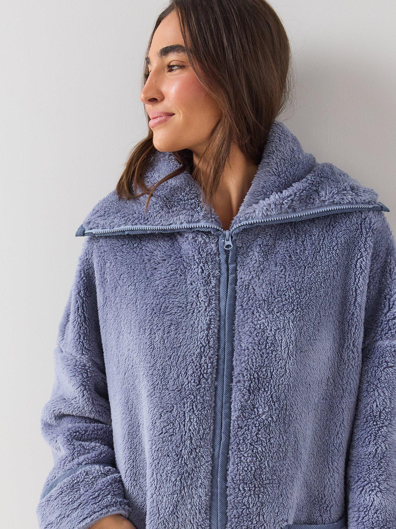 Image 4 of 6 of The Very Collection Womens Longline Zip Through Borg Dressing Gown - Blue