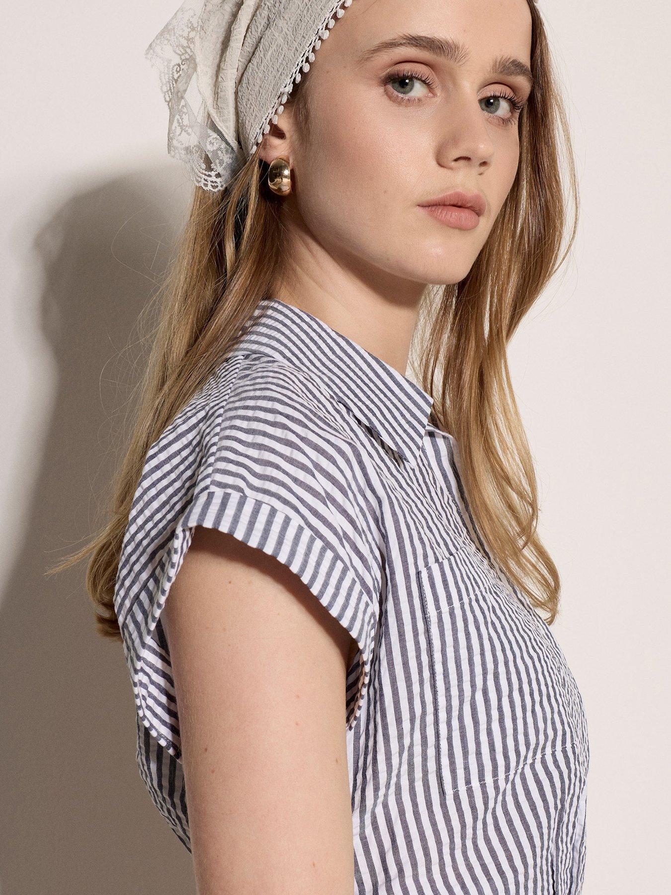 Apricot Stripe Seersucker Crop Top, Blue, Size S, Women