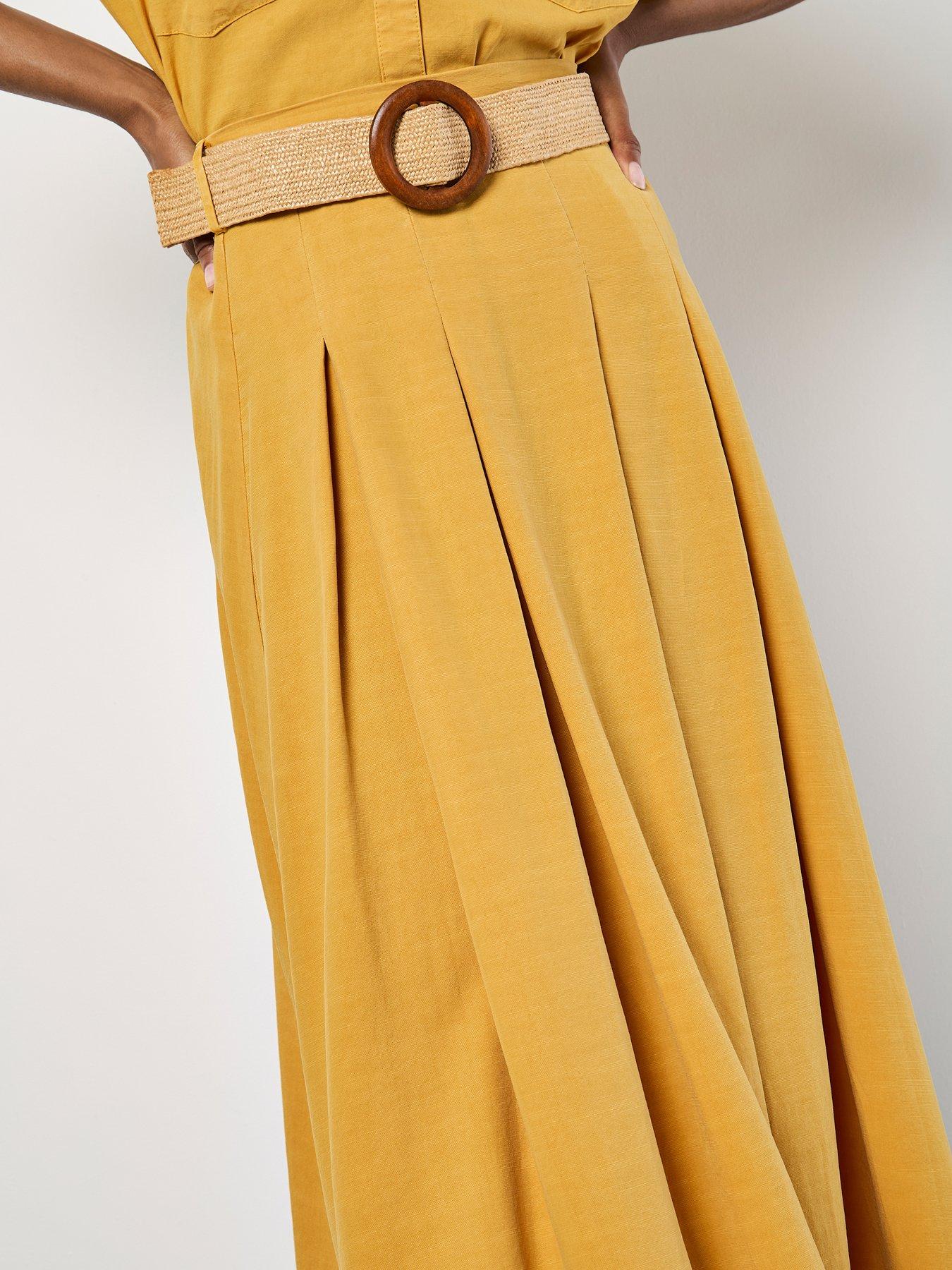 Apricot Boho Slub Belted Midi Skirt - Yellow