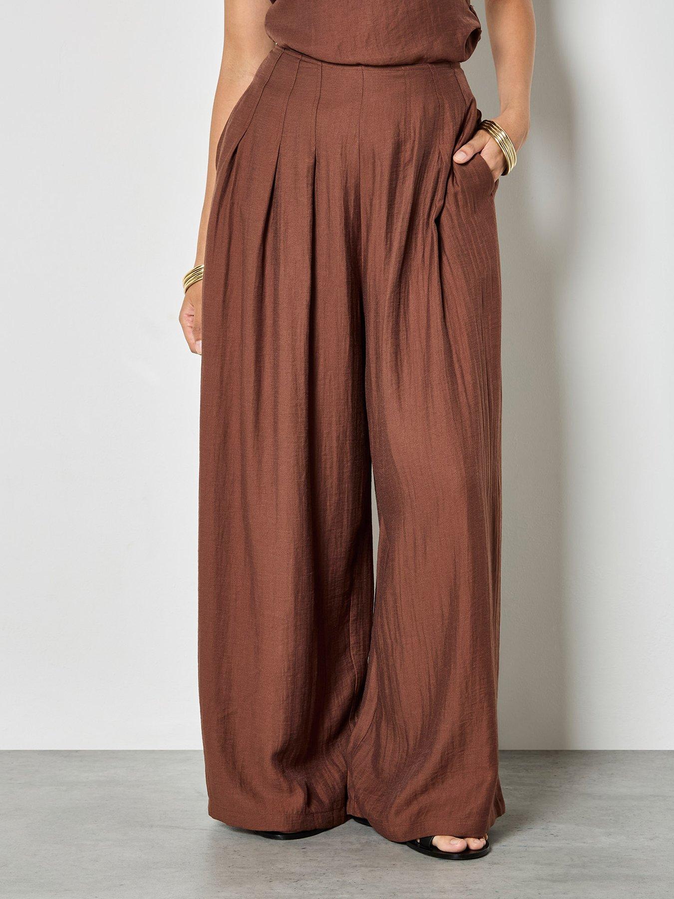 Apricot 3 Pleat Twill Wide Leg Trousers - Brown