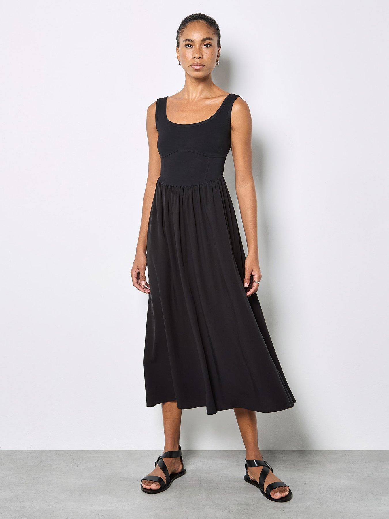 Apricot Corset Woven Skirt Midi Dress - Black