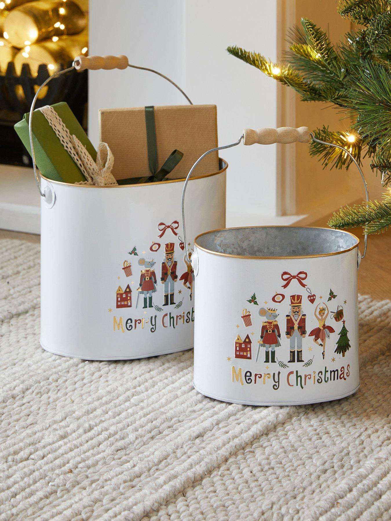 Image 1 of 7 of Heaven Sends Set of 2&nbsp;White Metal Merry Christmas Buckets
