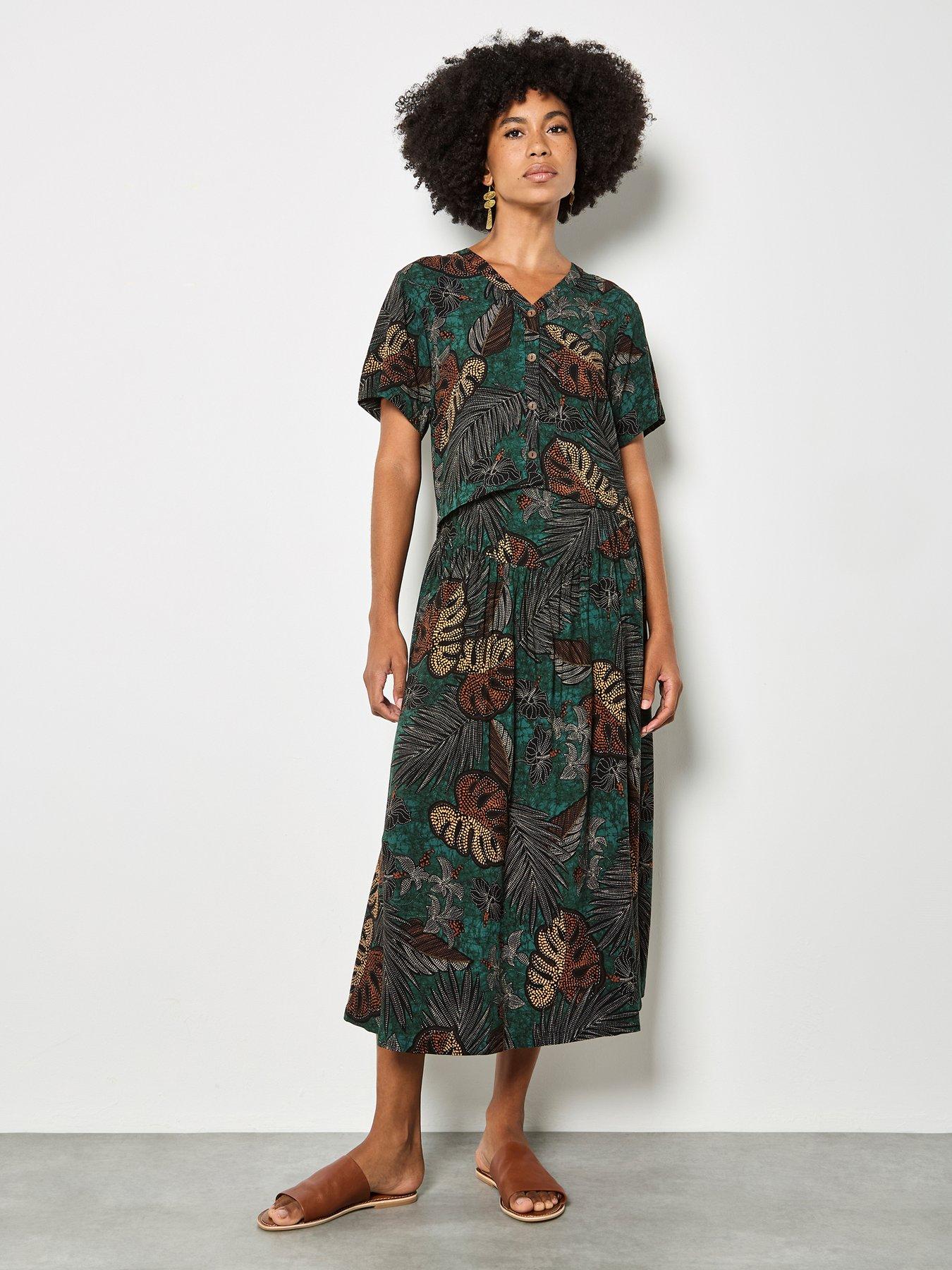 Apricot Palm Print Maxi Skirt - Green