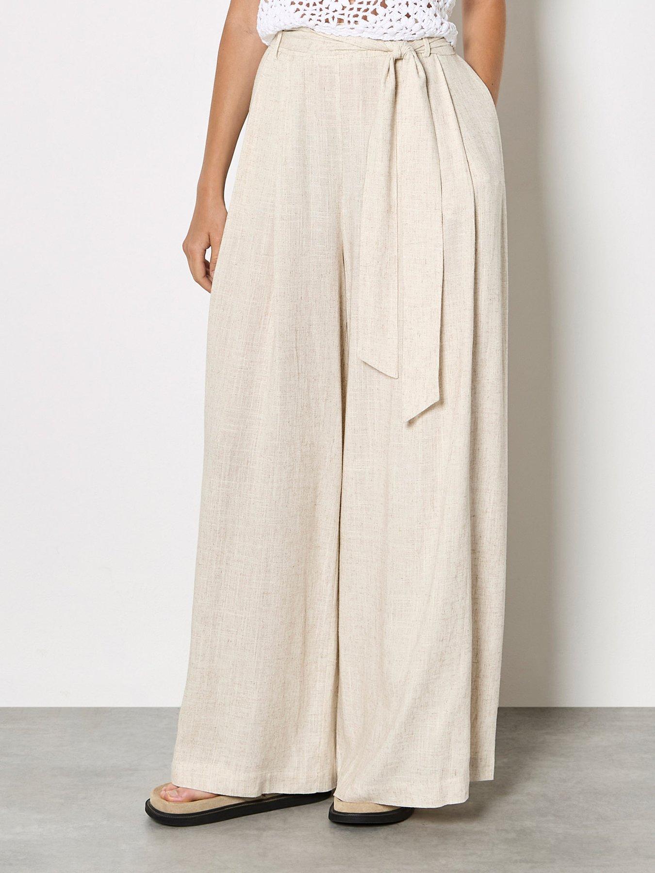 Apricot Wide Leg Linen Trousers, Cream, Size M, Women
