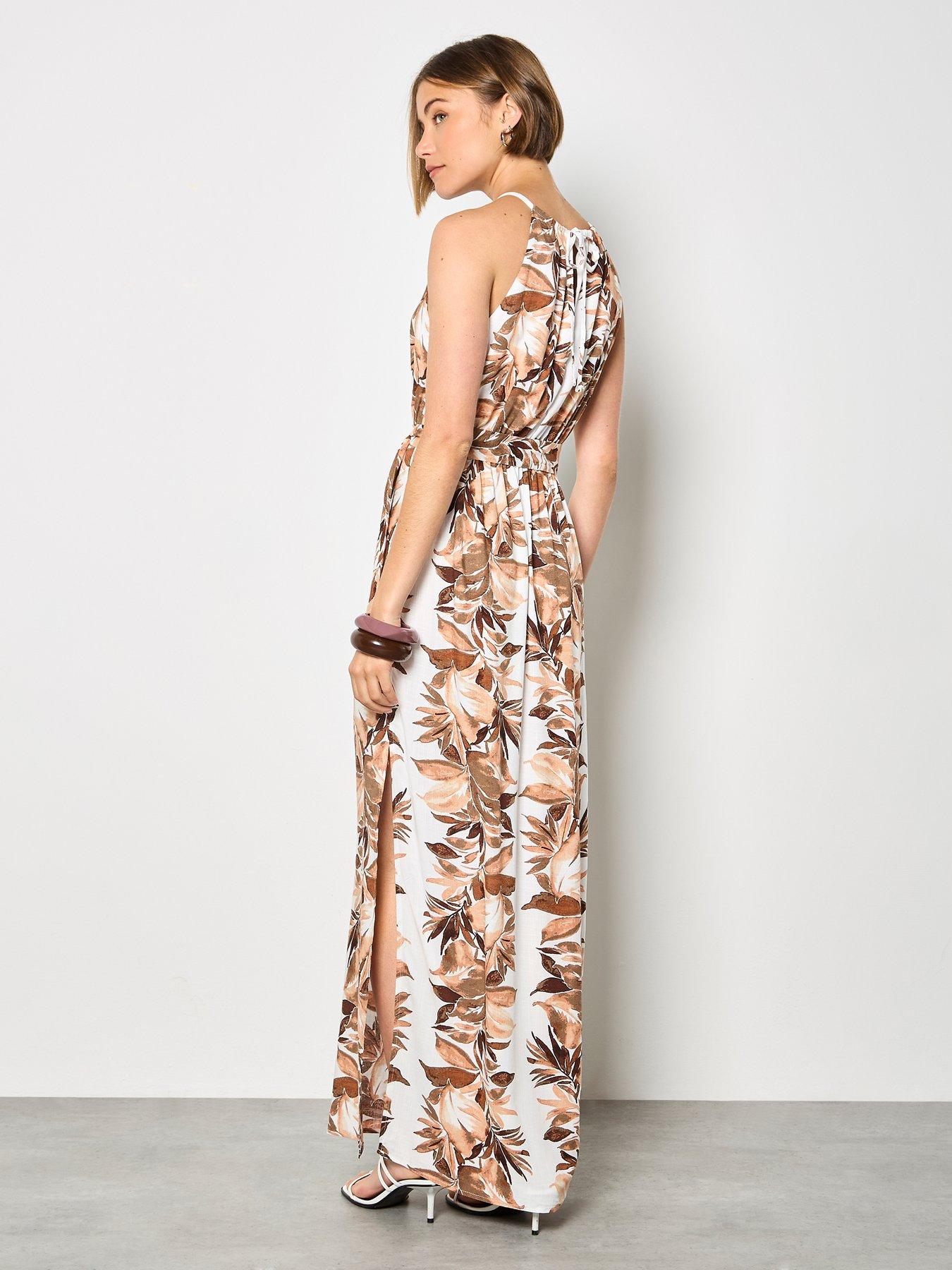 Image 2 of 4 of Apricot Apricot Maxi Halter Neck Stripe Leaf Drs