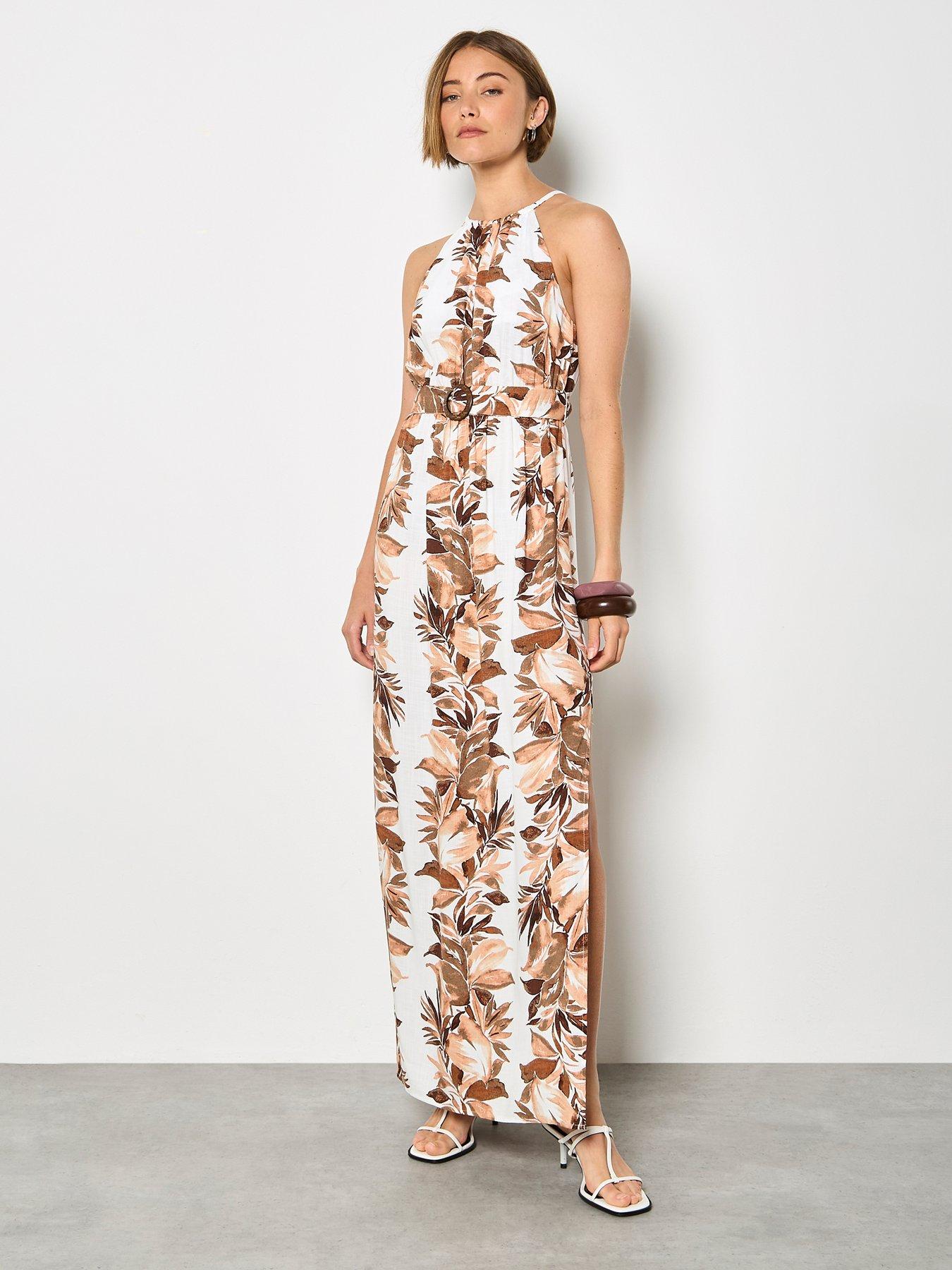 Image 3 of 4 of Apricot Apricot Maxi Halter Neck Stripe Leaf Drs