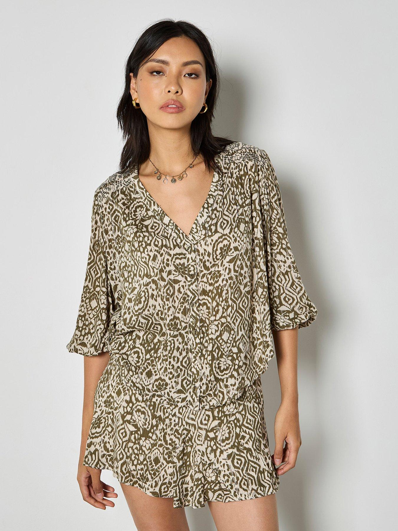 Apricot Lurex Jacquard Blouse With Smocking - Green