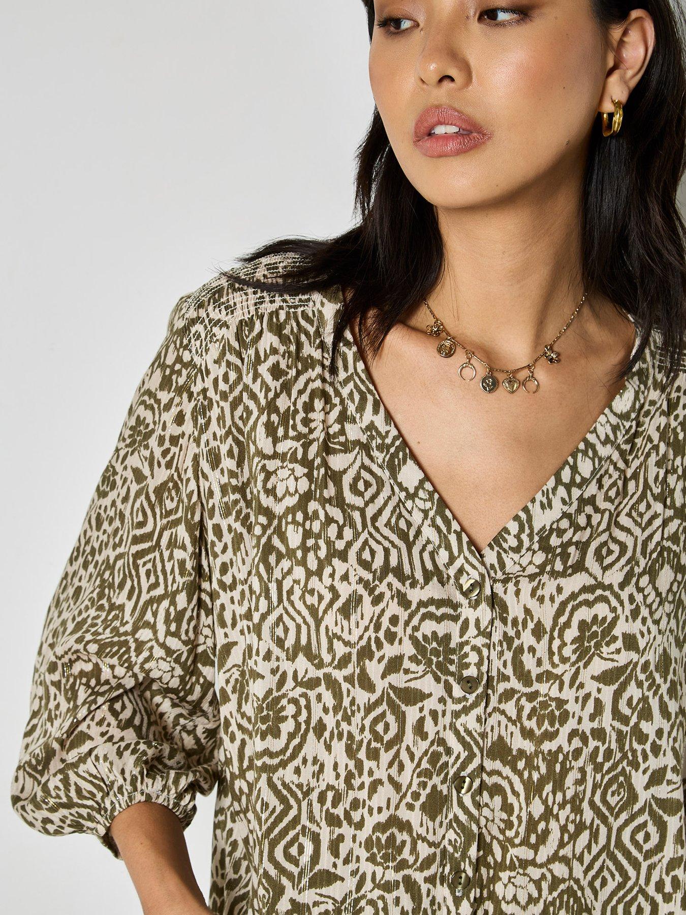 Image 4 of 4 of Apricot Lurex Jacquard Blouse With Smocking At Yoke