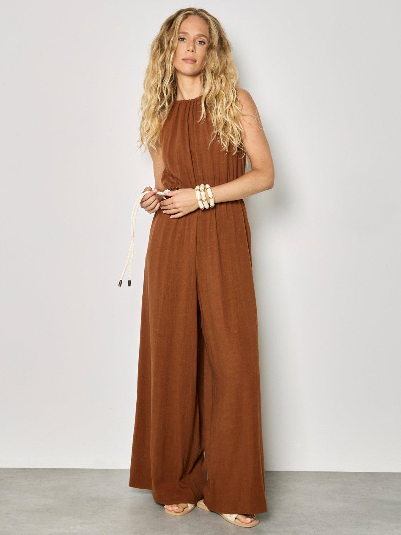 Image 1 of 5 of Apricot Halter Neck Rope Belt Jumpsuit