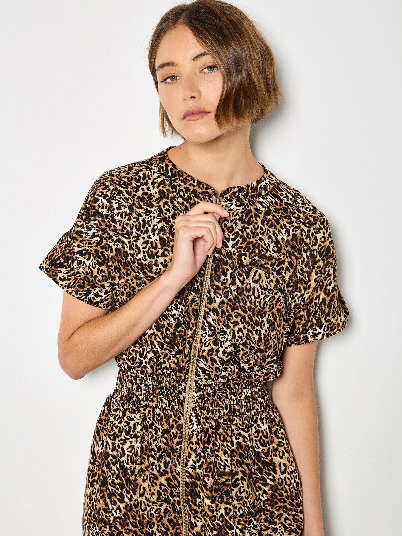 Apricot Zip Front Animal Utility Dress - Brown