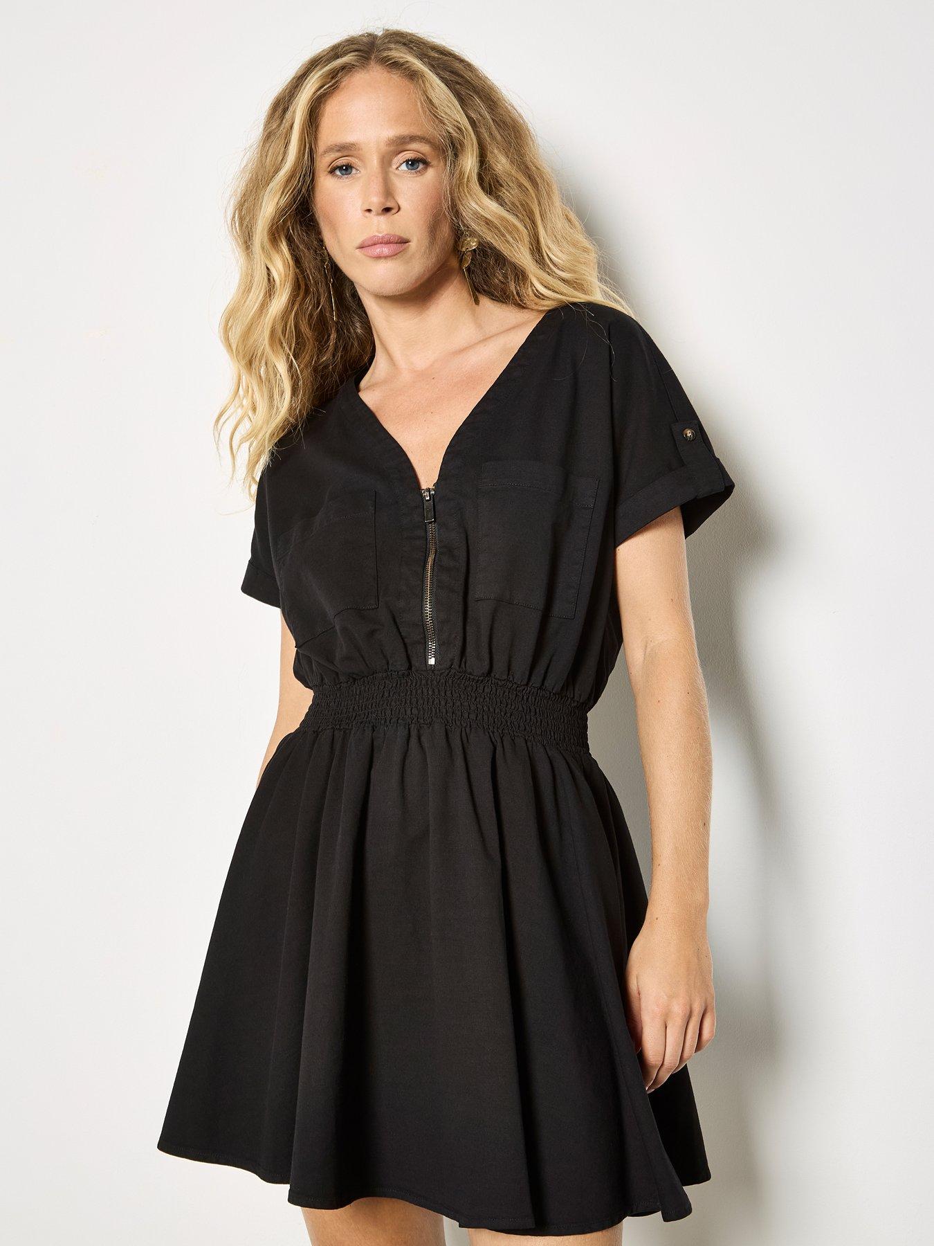 Apricot Zip Detail Shirred Waist Dress - Black