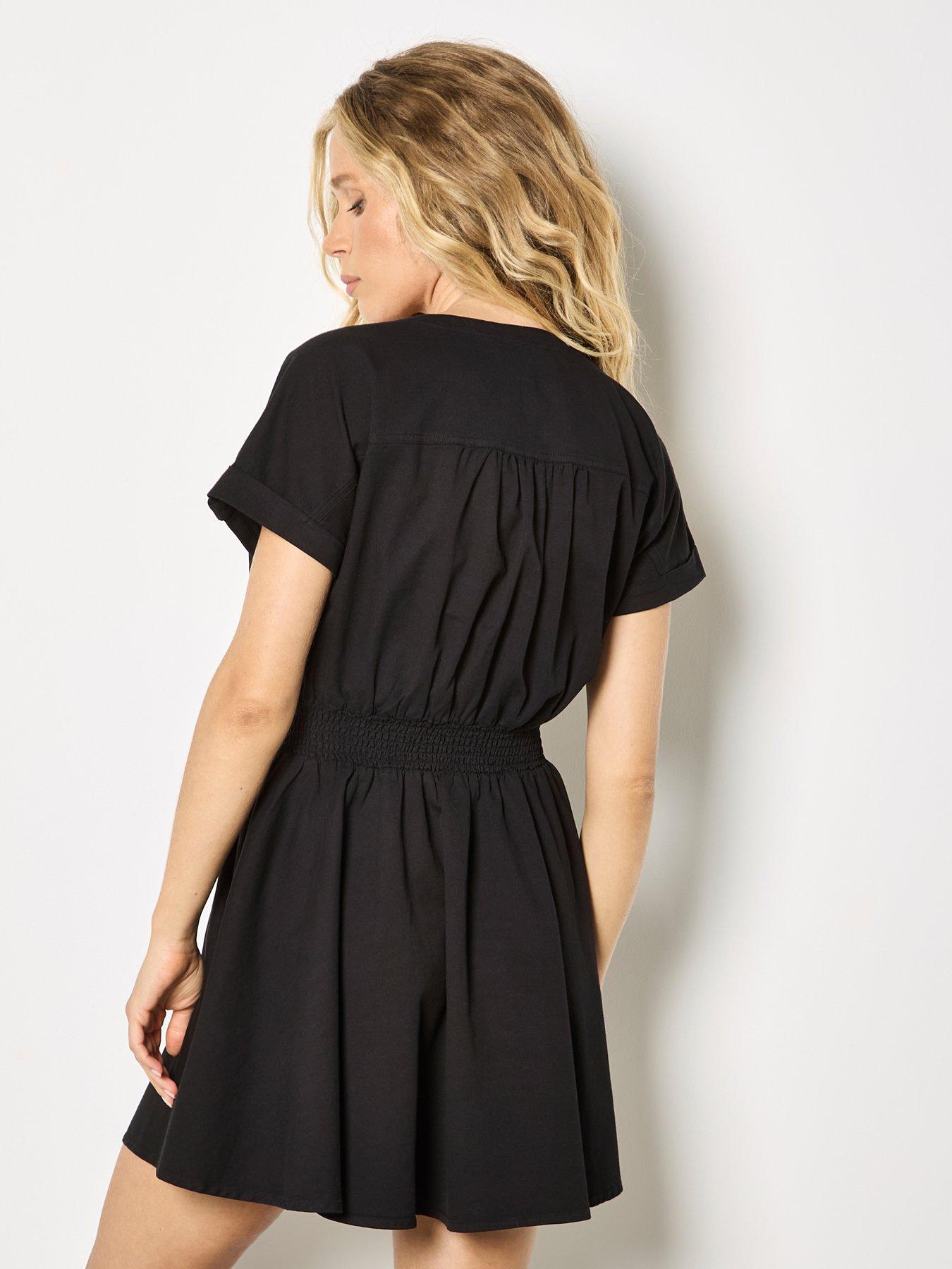 Image 2 of 4 of Apricot Zip Detail Shirred Waist Dress - Black