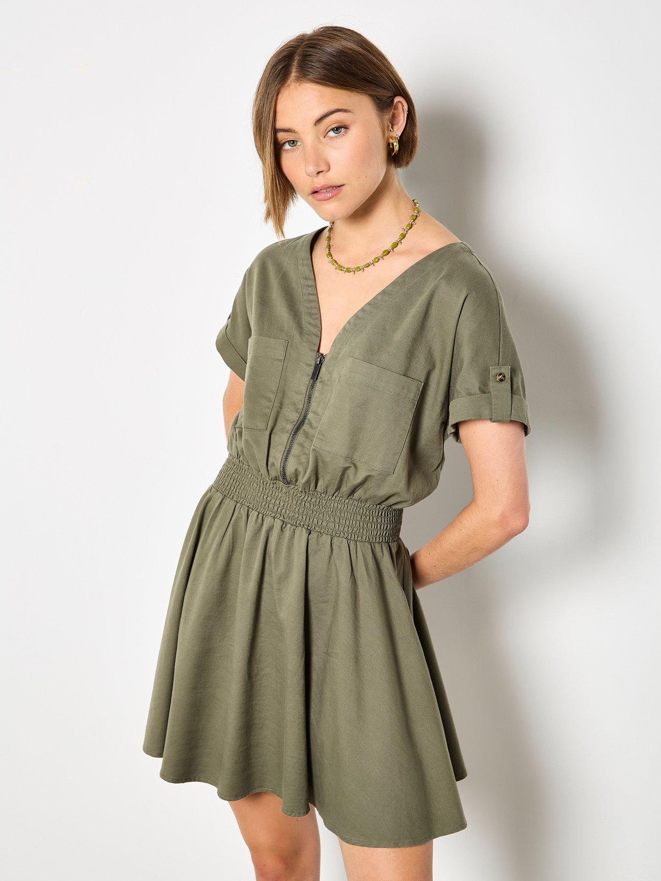 Apricot Zip Detail Shirred Waist Dress - Green