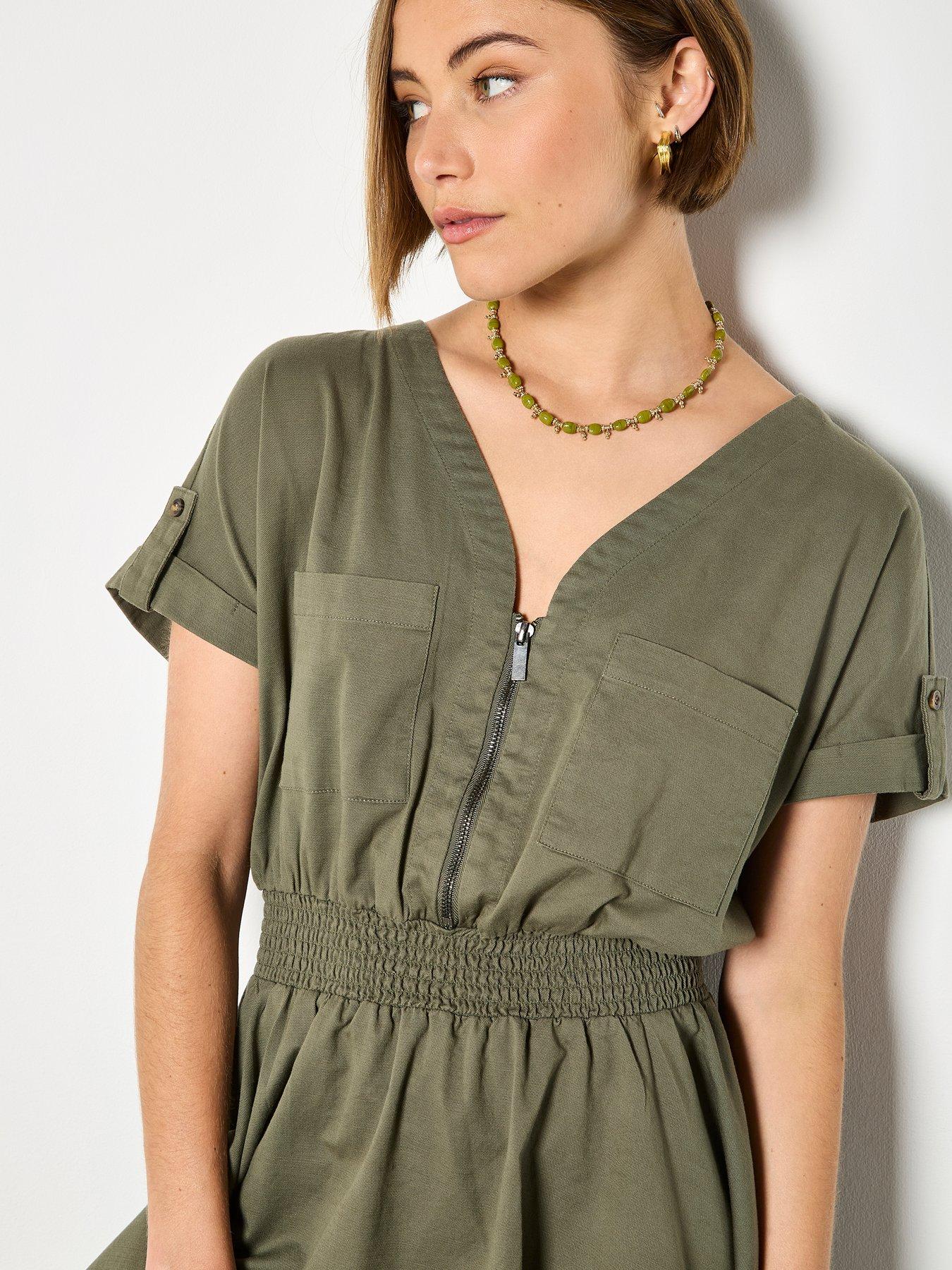 Apricot Zip Detail Shirred Waist Dress - Green | Very