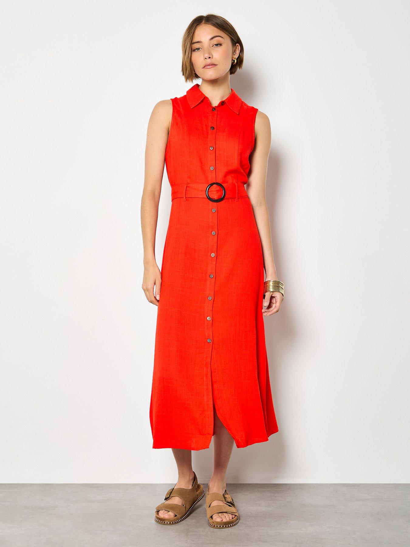 Apricot S/less Belted Linen Mix Shirt Midi Dress
