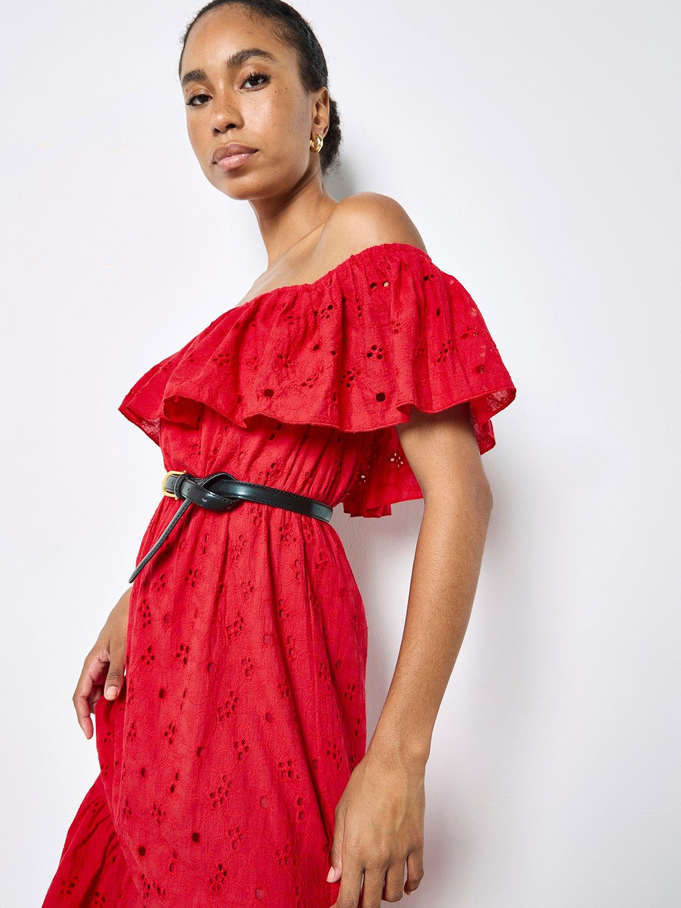 Apricot Broderie Bardot Tier Detail Maxi Dress - Red