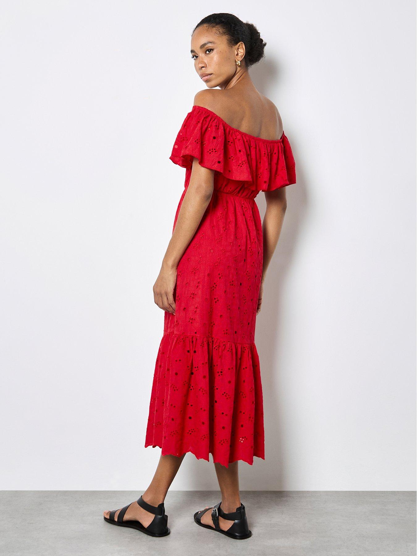 strapless open back dress Red Tiered Midi Dress - All Dresses