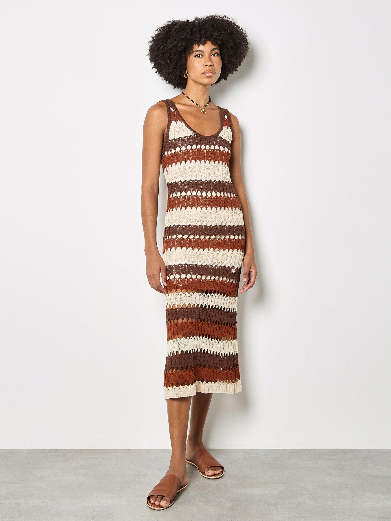 Apricot Crochet Stripe Midaxi Dress - Brown