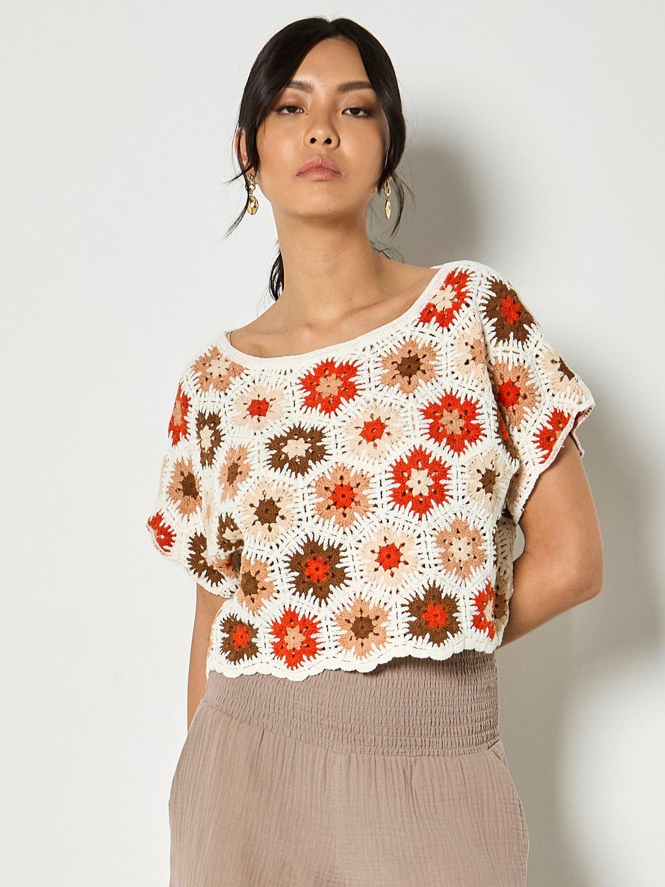 Image 1 of 4 of Apricot Hexagon Flowers Crochet Top