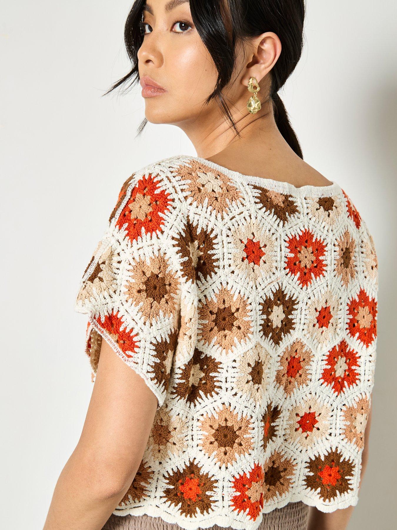 Image 2 of 4 of Apricot Hexagon Flowers Crochet Top