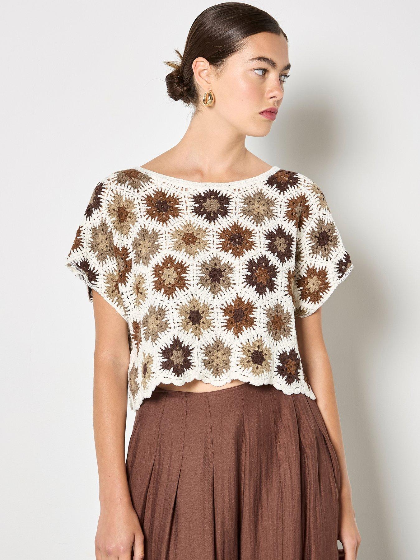 Image 1 of 4 of Apricot Hexagon Flowers Crochet Top