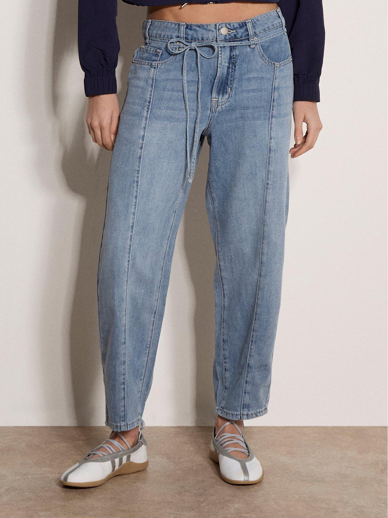 Image 1 of 5 of Apricot Tie Detail Slim Barrel Jeans - Blue