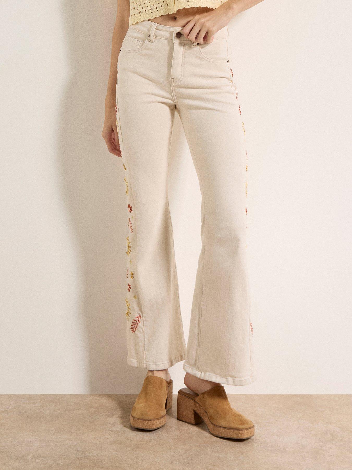Apricot Side Embroidered Flare Jeans, Cream, Size 34, Women