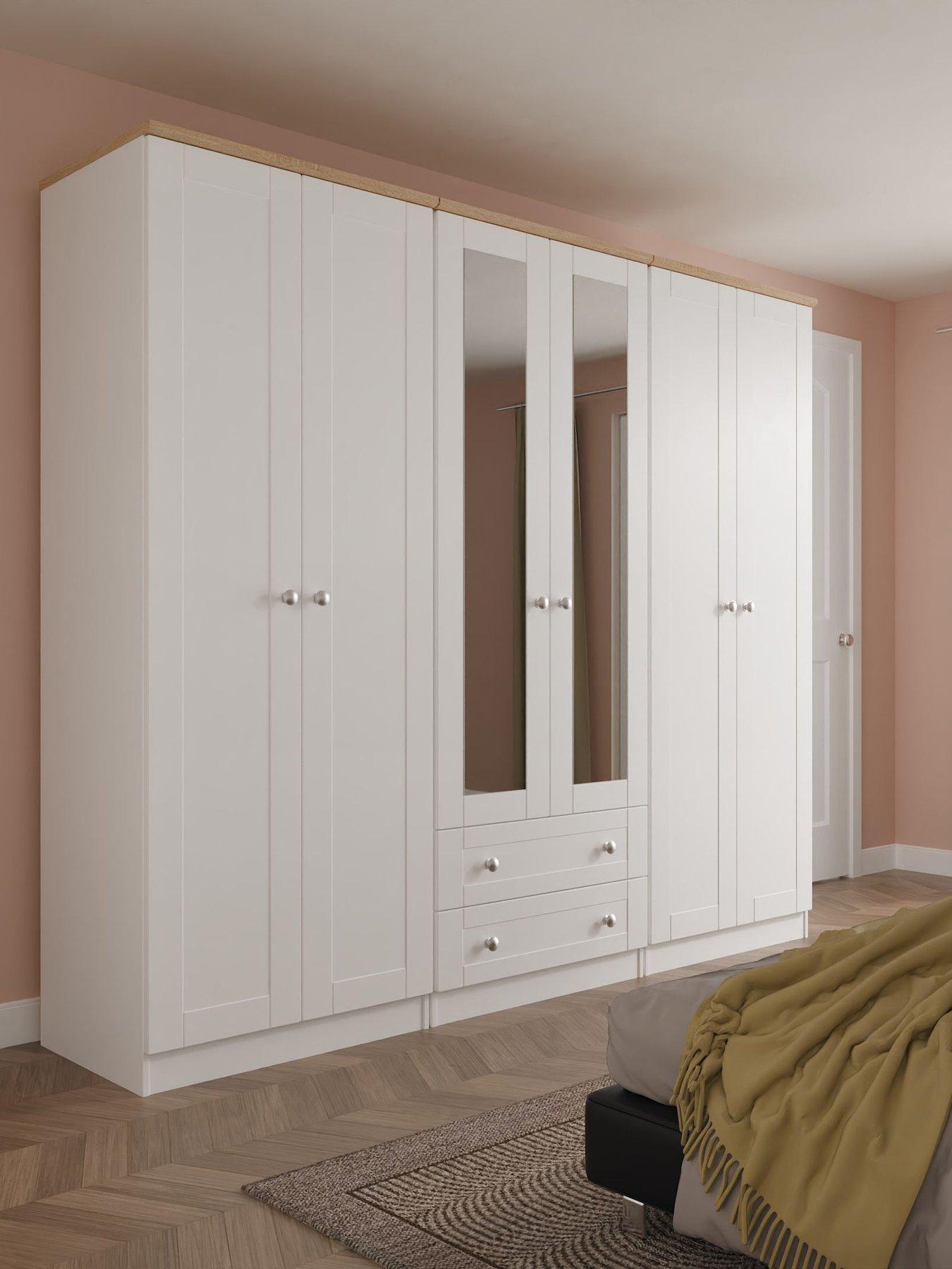 Crowndale Sussex 6 Door 2 Drawer Tall Mirror Wardrobe Oak White - Image 3