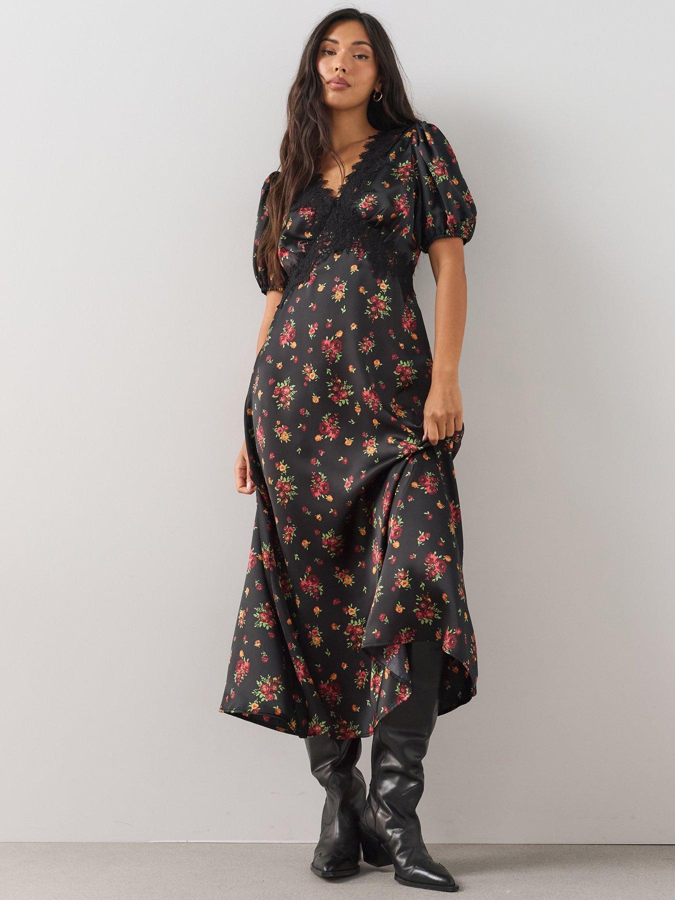 The Very Collection Lace Trim Satin Tea Dress - Floral
