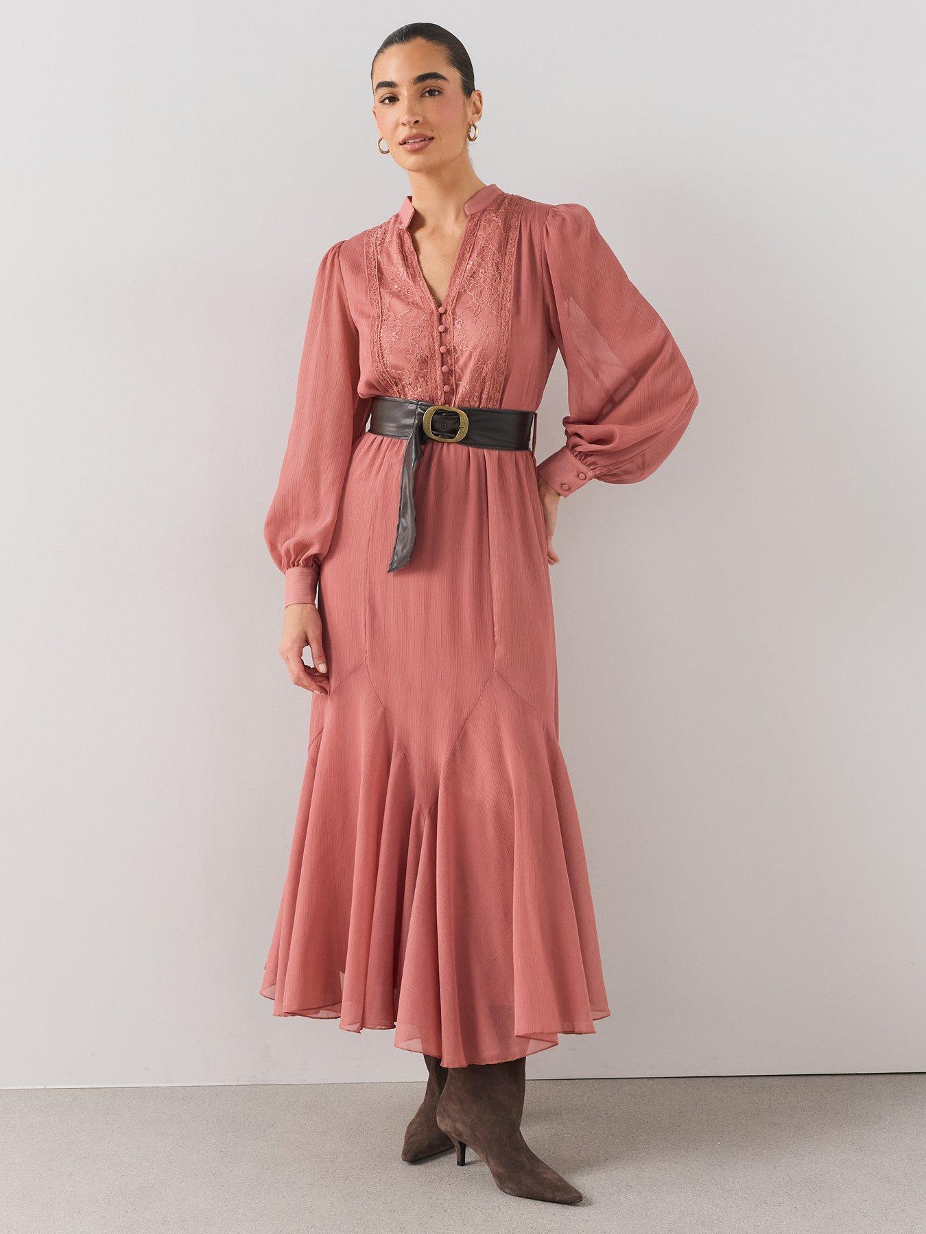 The Very Collection Lace V Neck Godet Hem Belted Midaxi Dress - Pink