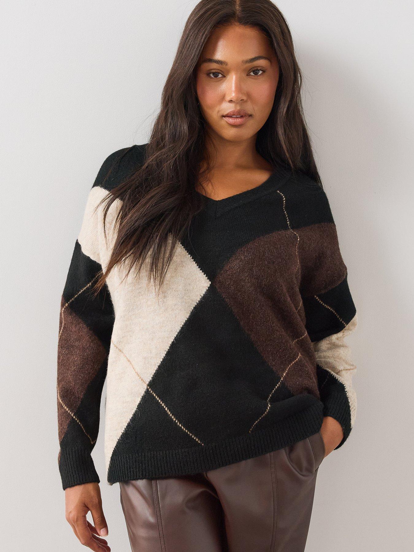 Image 1 of 6 of The Very Collection Womens Curve Argyle V Neck Jumper - Multi