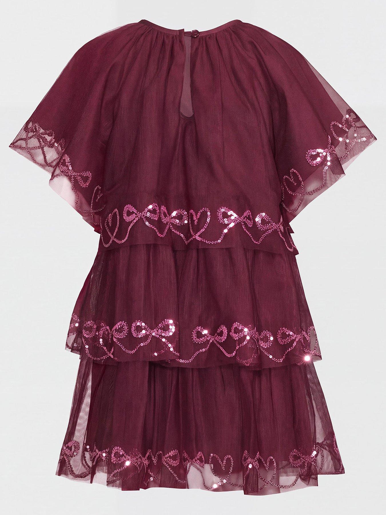 Image 2 of 3 of The Very Collection Girls Sequin Bow Tiered Mesh Dress - Pink