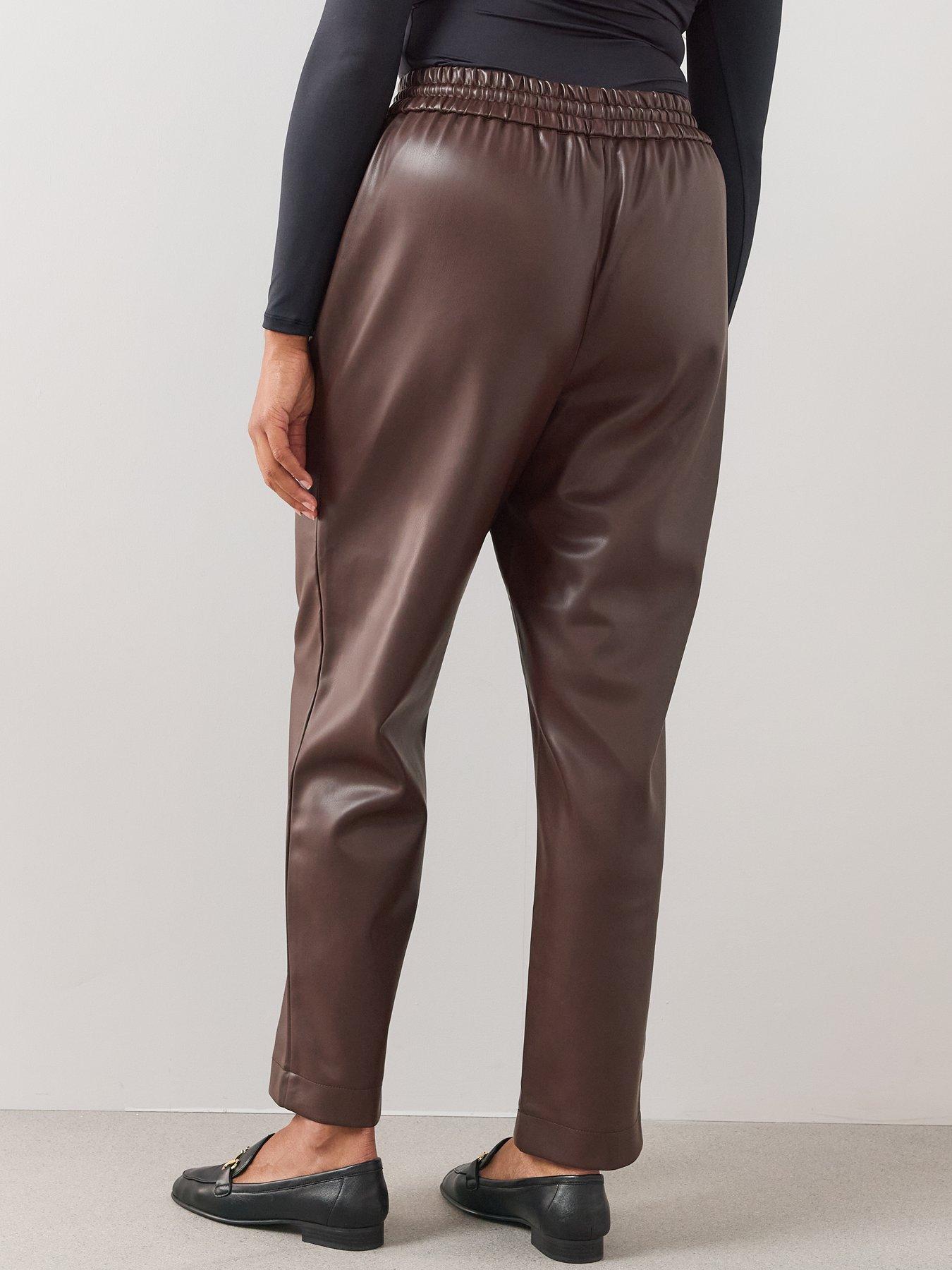 Image 2 of 6 of The Very Collection Womens Curve Faux Leather Elasticated Waist Straight Leg Trousers - Brown