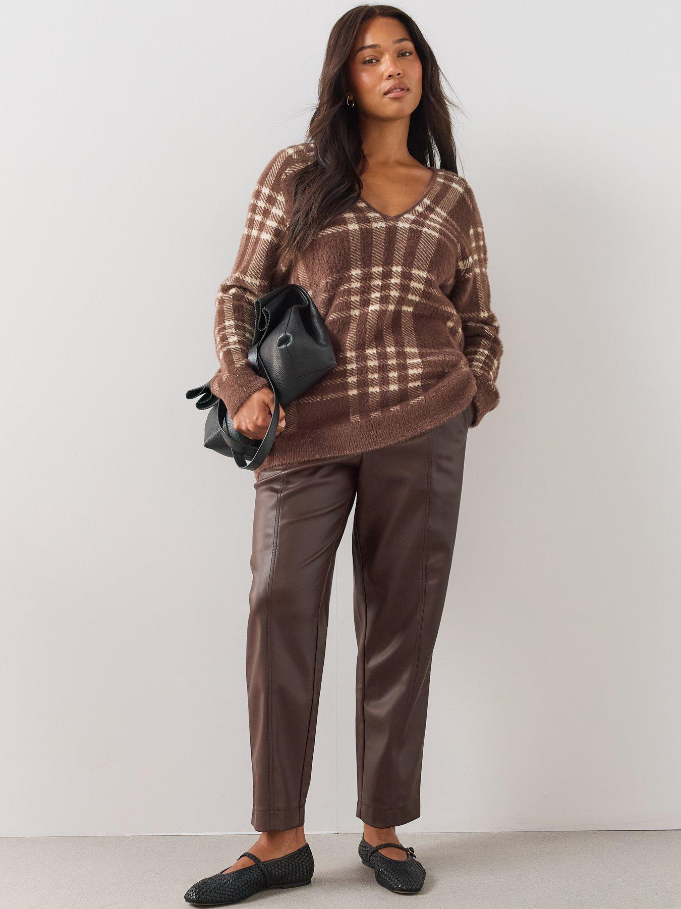 Image 3 of 6 of The Very Collection Womens Curve Faux Leather Elasticated Waist Straight Leg Trousers - Brown