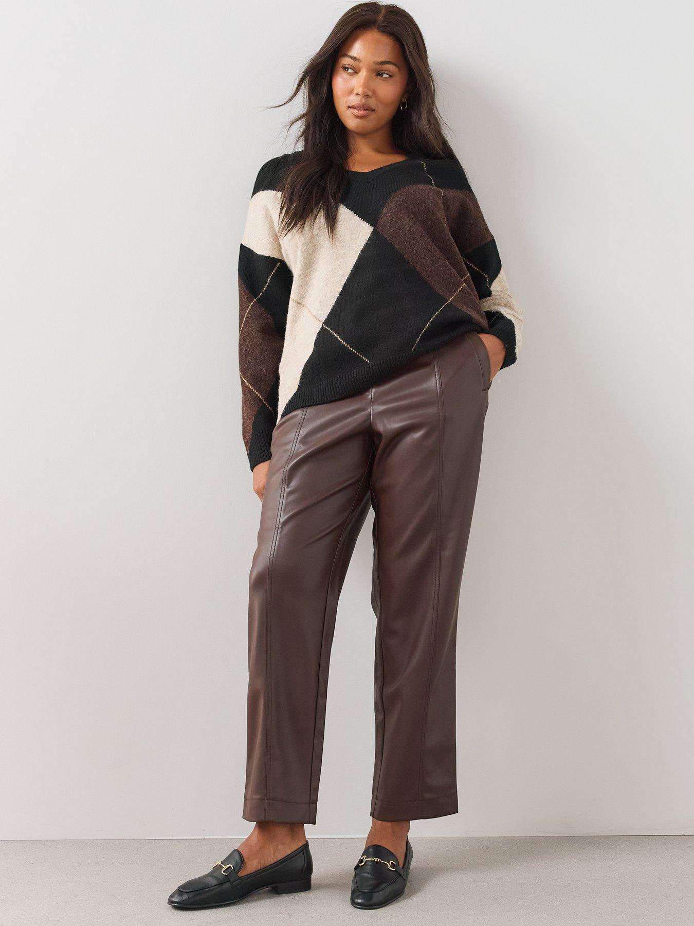 Image 5 of 6 of The Very Collection Womens Curve Faux Leather Elasticated Waist Straight Leg Trousers - Brown