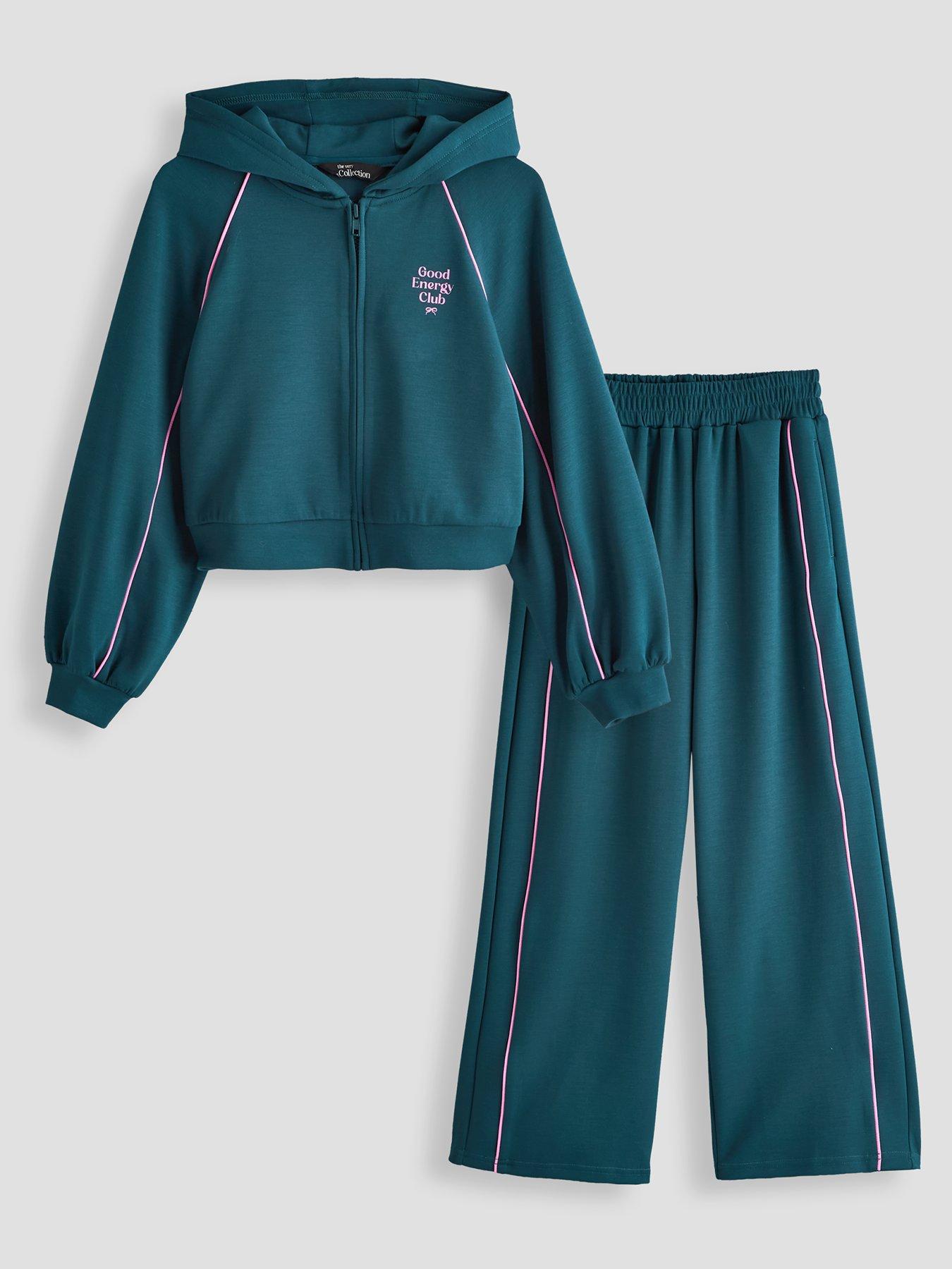 Image 1 of 5 of The Very Collection Girls Soft Touch Contrast Piping Zip Up Outfit (6 - 16 years) - Green