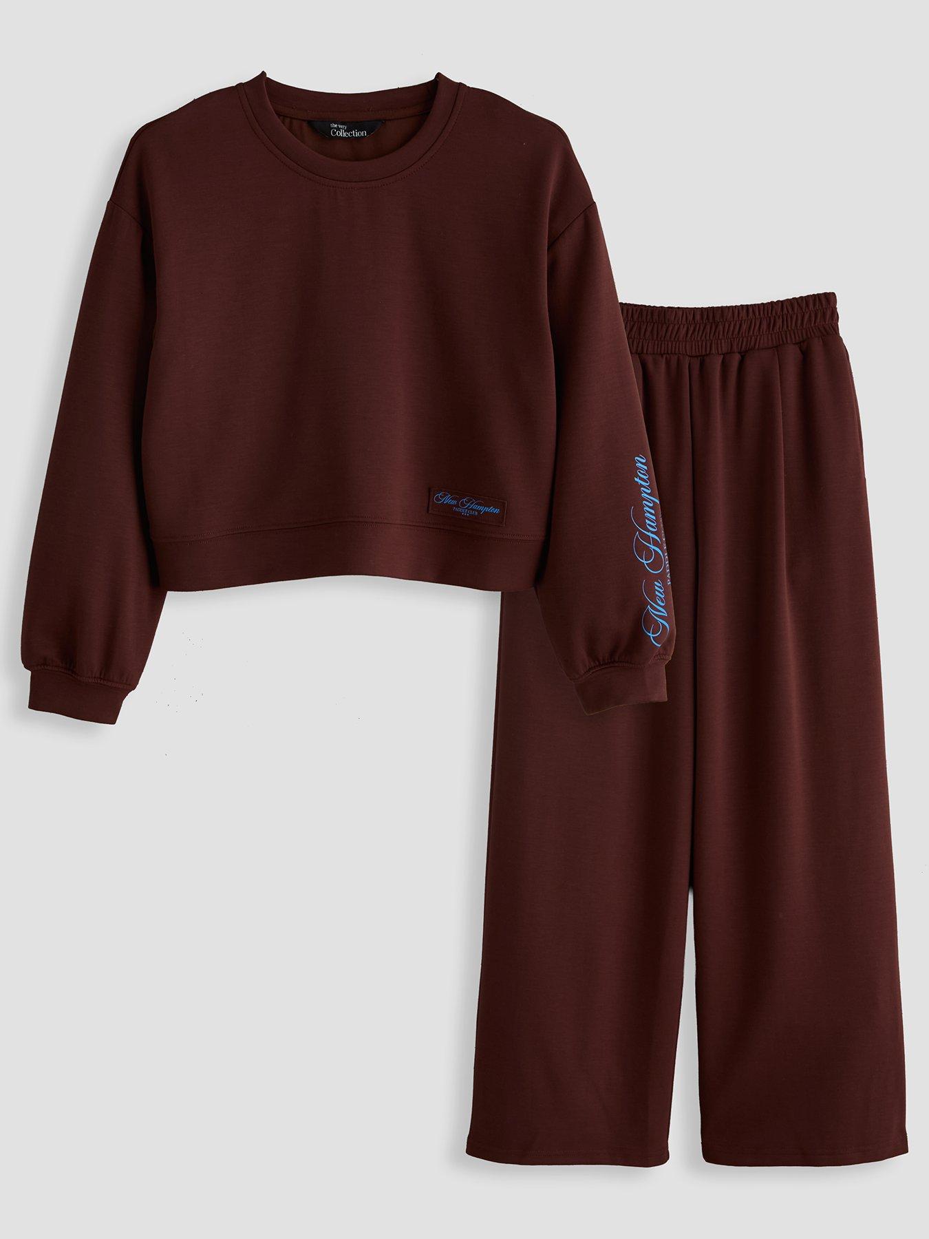 Image 1 of 5 of The Very Collection Girls Contrast Slogan Wide Leg Outfit - Brown