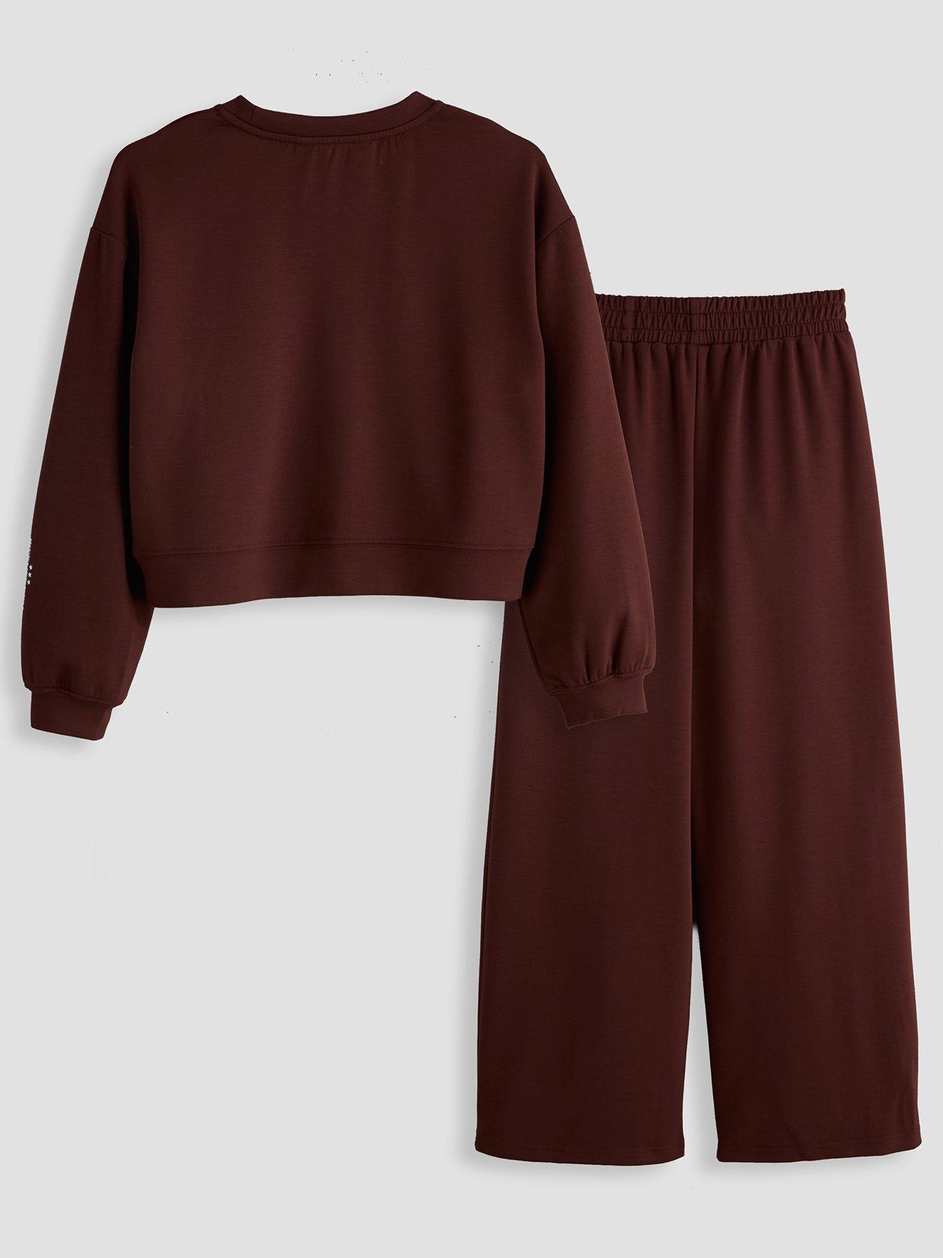 Image 2 of 5 of The Very Collection Girls Contrast Slogan Wide Leg Outfit - Brown