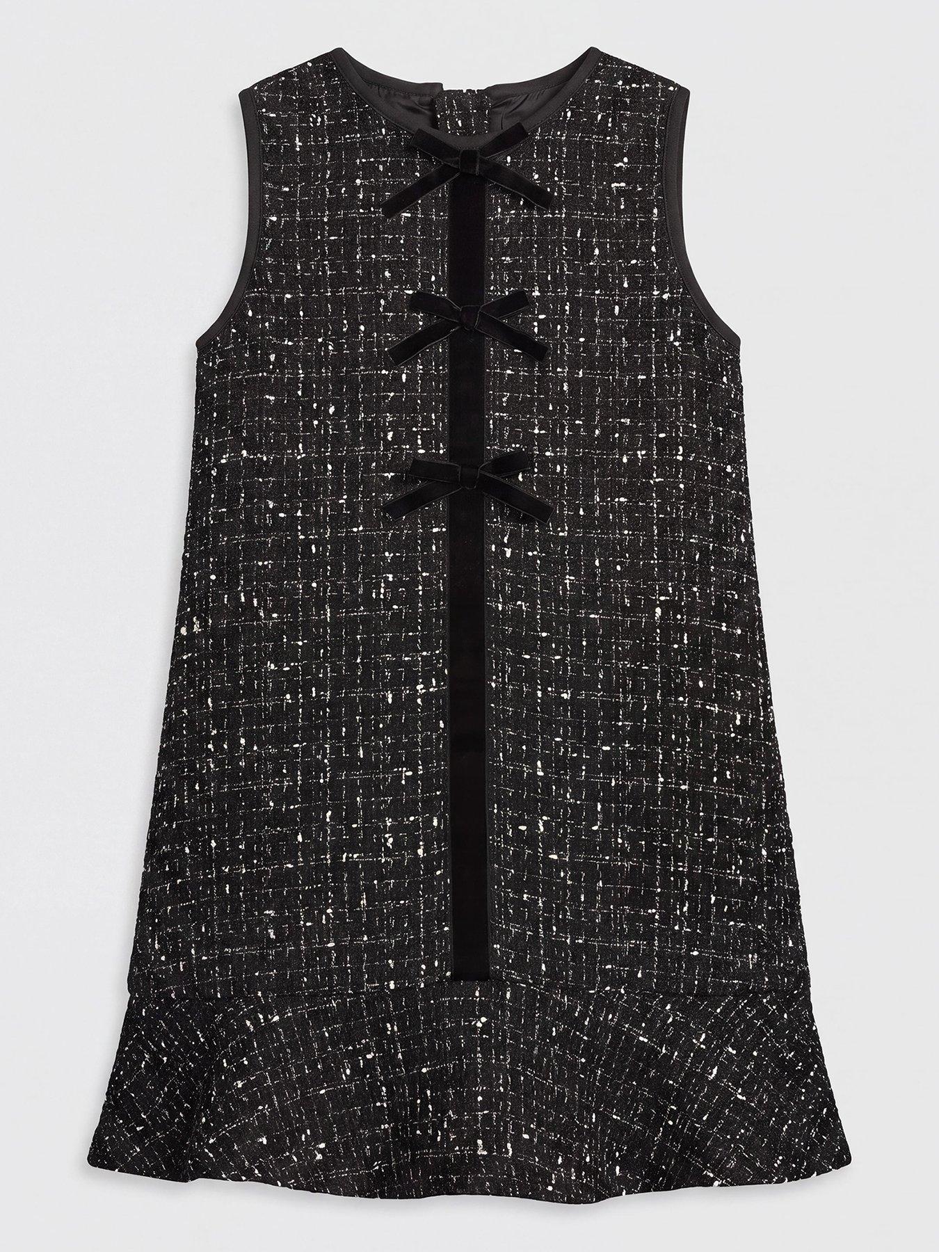Image 1 of 3 of The Very Collection Girls Boucle Check Velvet Trim Dress - Black