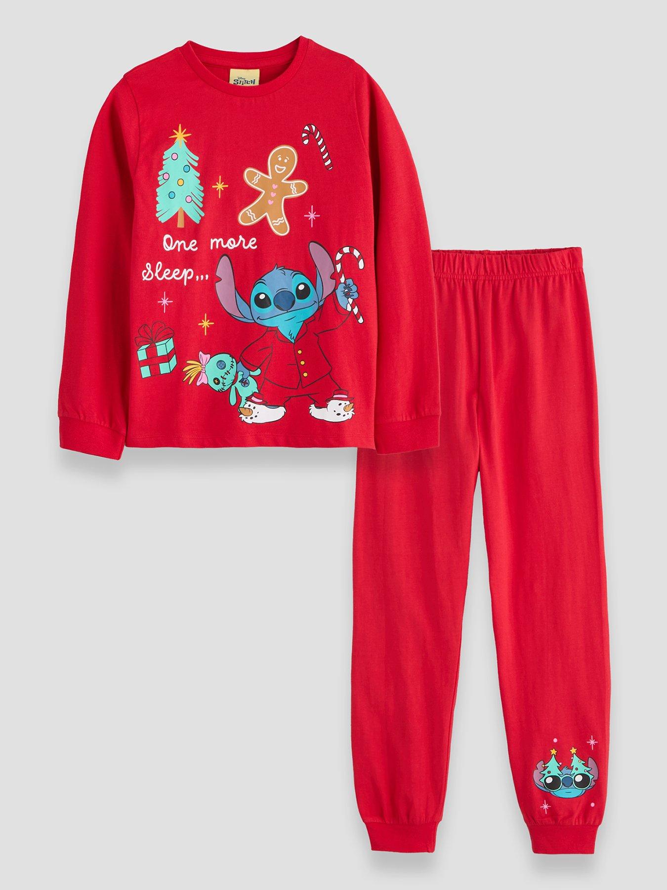 Image 1 of 4 of The Very Collection Girls Lilo &amp; Stitch Christmas Print Cuffed Pyjama Set - Red