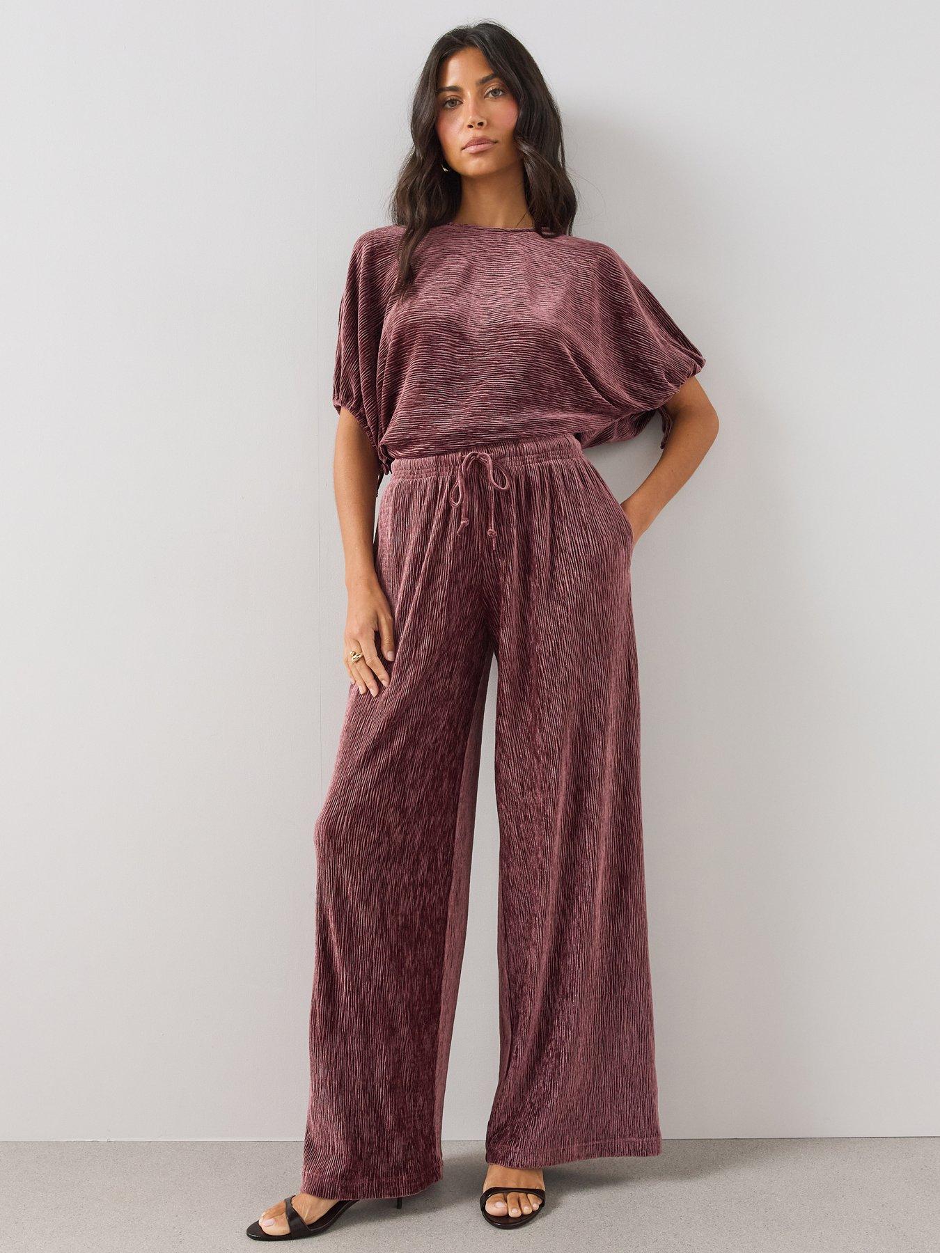 Image 1 of 6 of The Very Collection Womens Crinkle Velvet Wide Leg Trouser Co-Ord - Burgundy