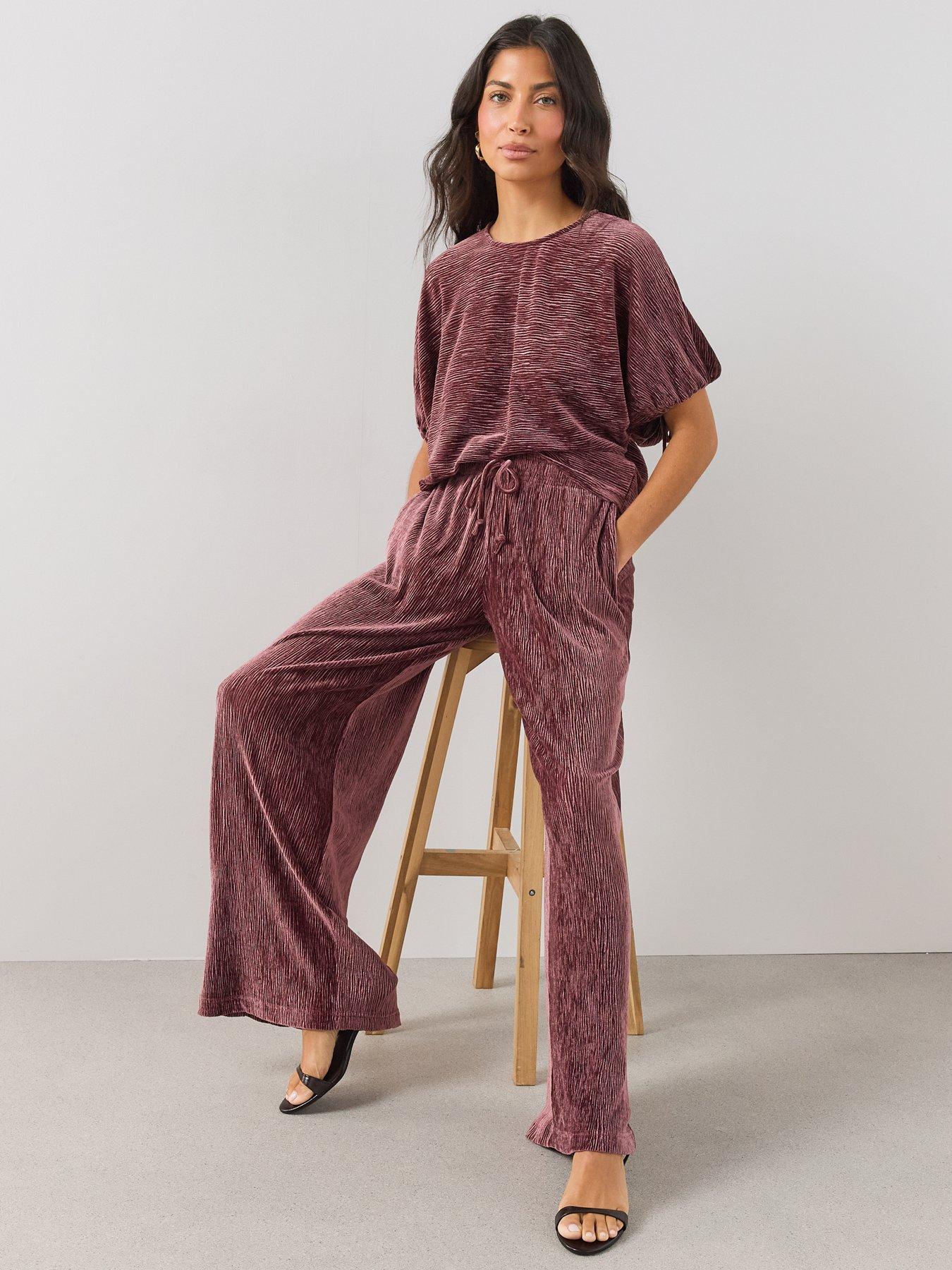 Image 3 of 6 of The Very Collection Womens Crinkle Velvet Wide Leg Trouser Co-Ord - Burgundy
