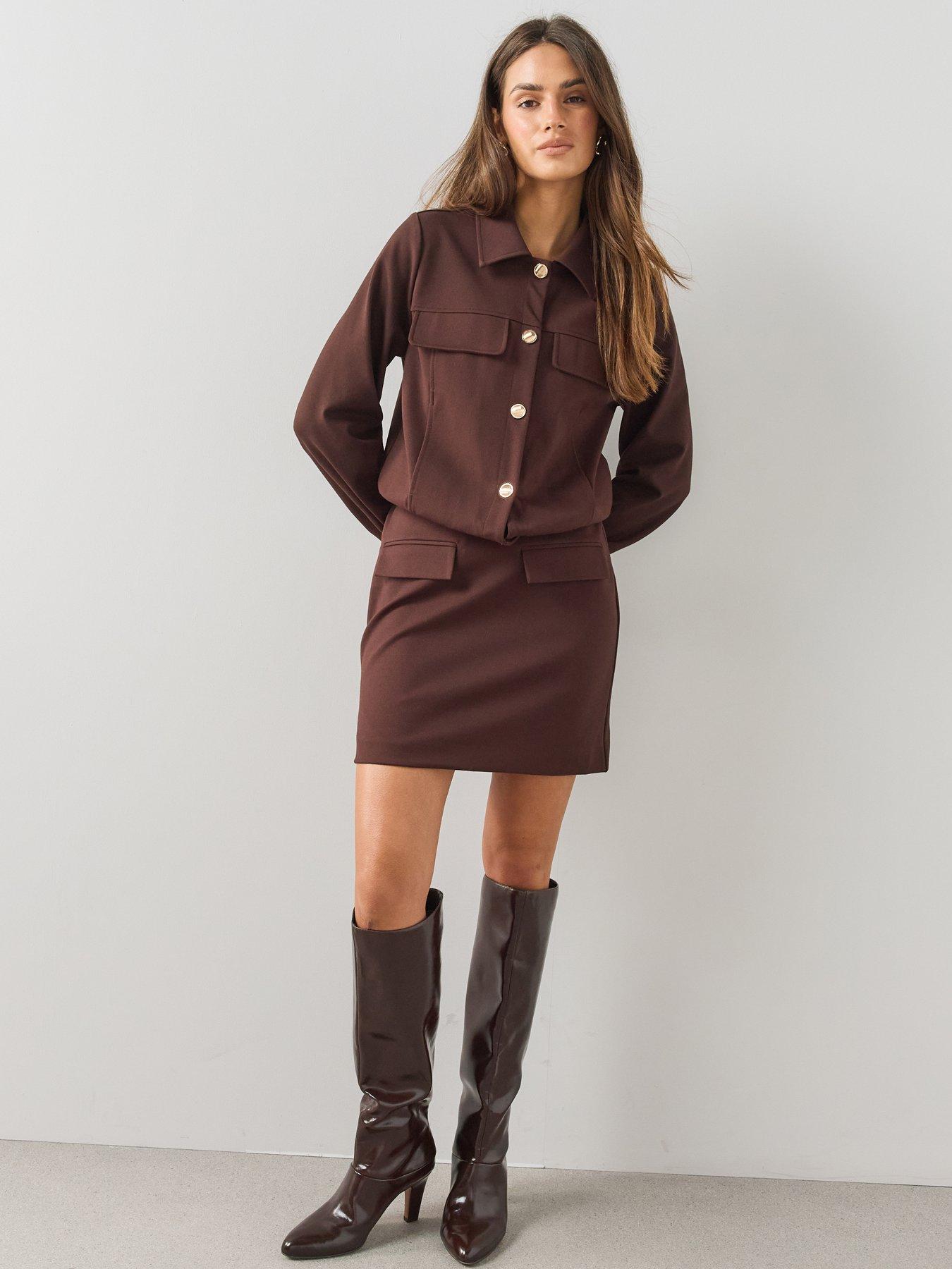 Image 1 of 6 of The Very Collection Womens Pocket Detail Jersey Mini Skirt - Brown