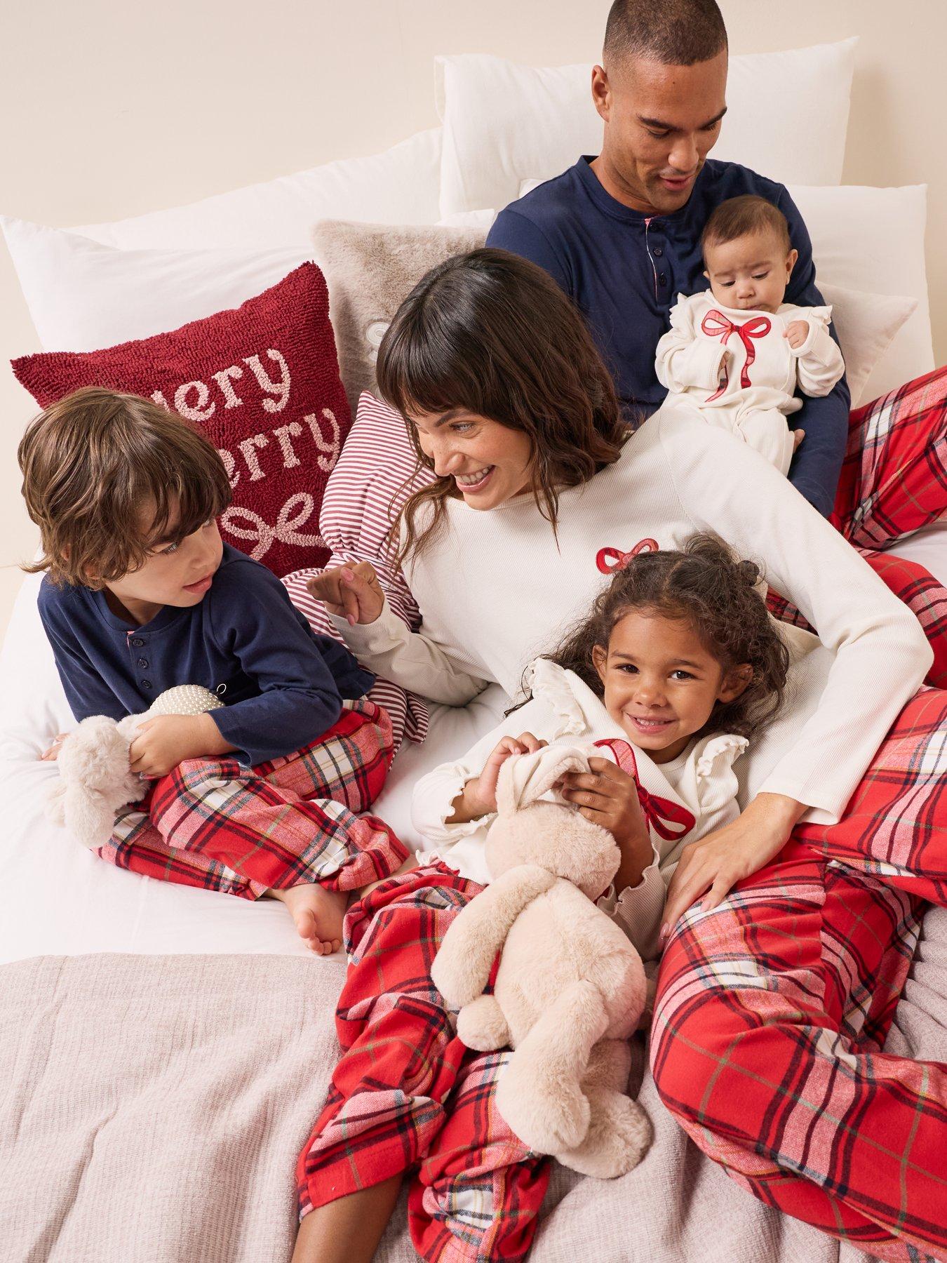 Image 1 of 6 of The Very Collection Girls Family Christmas Bow Rib Top Pyjama (9 months - 16 years) - Red