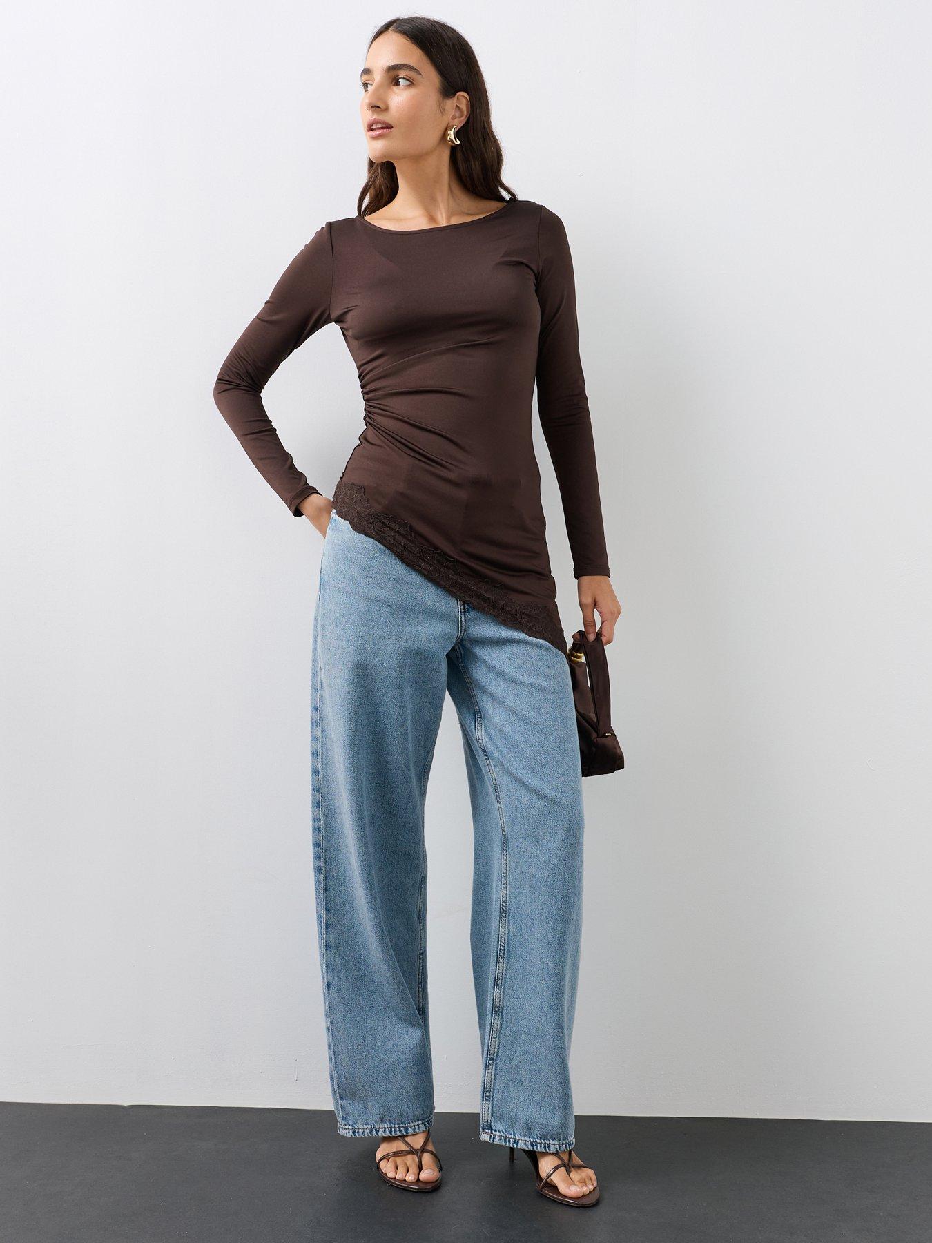 The Very Collection Asymmetric Lace Trim Long Sleeve Top - Brown